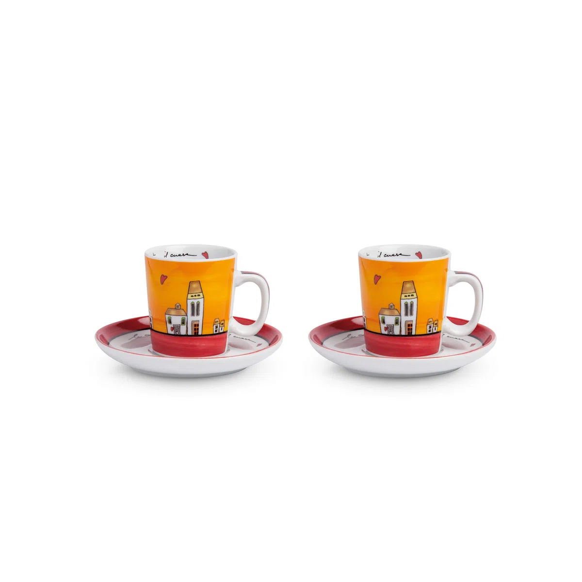 Egan Set 2 Tazze caffè con piattini Le Casette Rosso