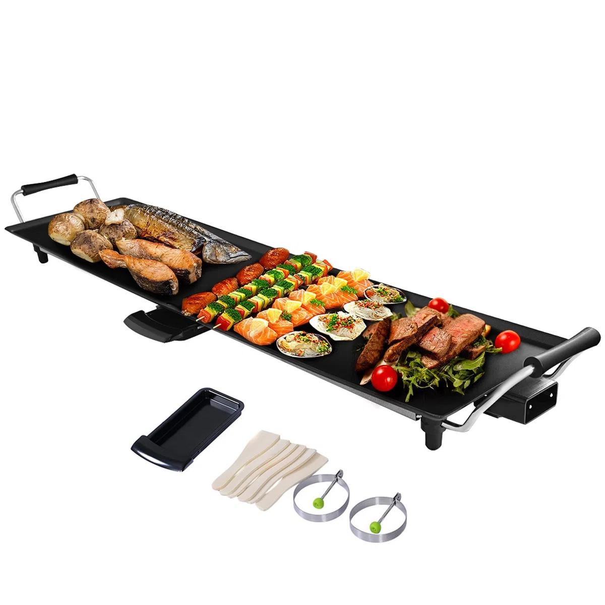 SOARS Piastra Elettrica 1800W, Barbecue Elettrico 5 Livelli di Temperatura, con Rivestimento Antiaderente, 6 Piccolo Supporto per Padella, per Cucinare, Grigliare (Piastra Liscia 90 X 23 CM)