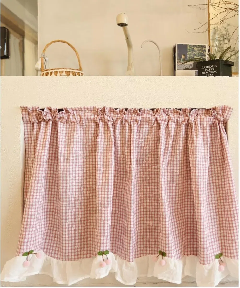 Tenda per Cucina Cafe Mezza Piccola Stile Country - Tendine della Finestra a Vetro Decorazione Corta Bistrot - Tessuto in Cotone Lino - Rosa 135x70cm