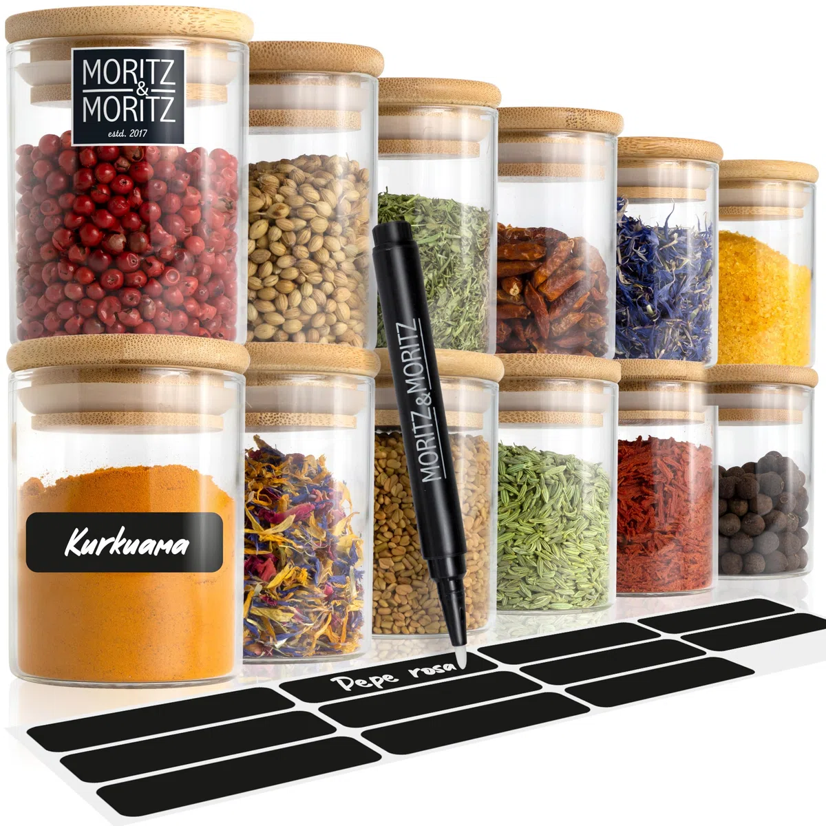 Moritz & Moritz Barattoli Spezie per Cucina - 12 Vasetti per Spezie 125 ml incl. 24 adsivi e 1 gesetto - Contenitori Spezie per Cucina - Vesetti porta erbe aromatizzato