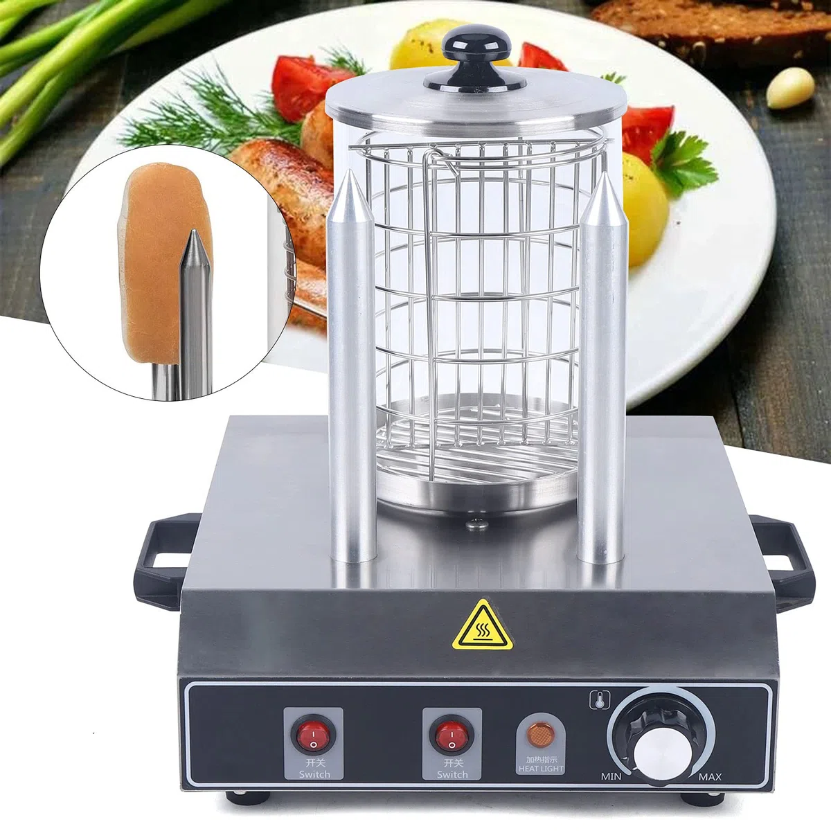 Hot Dog Maker da 400 W, 220 V, scaldabagno, 2 spiedini, in acciaio inox, temperatura regolabile