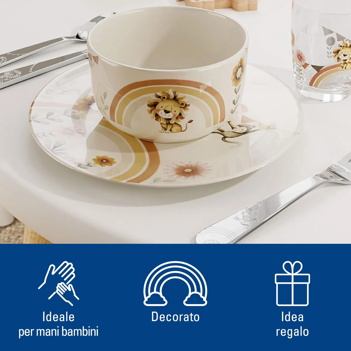 Villeroy & Boch - Roar like a Lion Set di Stoviglie per Bambini 7 Pezzi Beige, Lavabile in Lavastoviglie, Adatto per Microonde, Stoviglie, Piatti, Tazzine, Ciotola, Servizio, Porcellana Premium