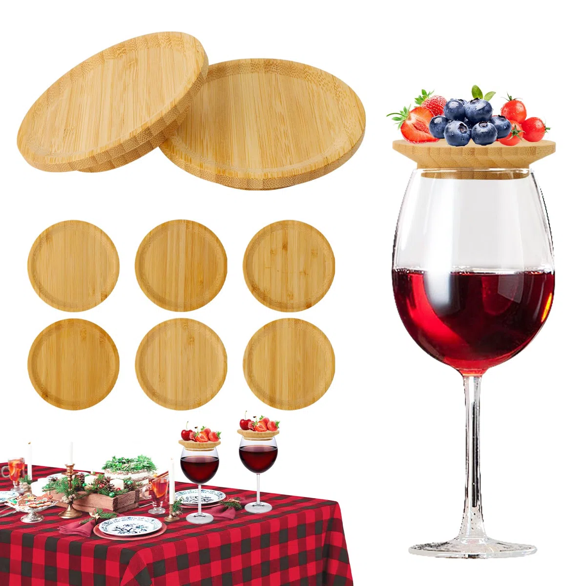 6 bicchieri da vino in legno, decorazione per bicchieri da vino, topper in legno, per dolci, piatti da antipasto