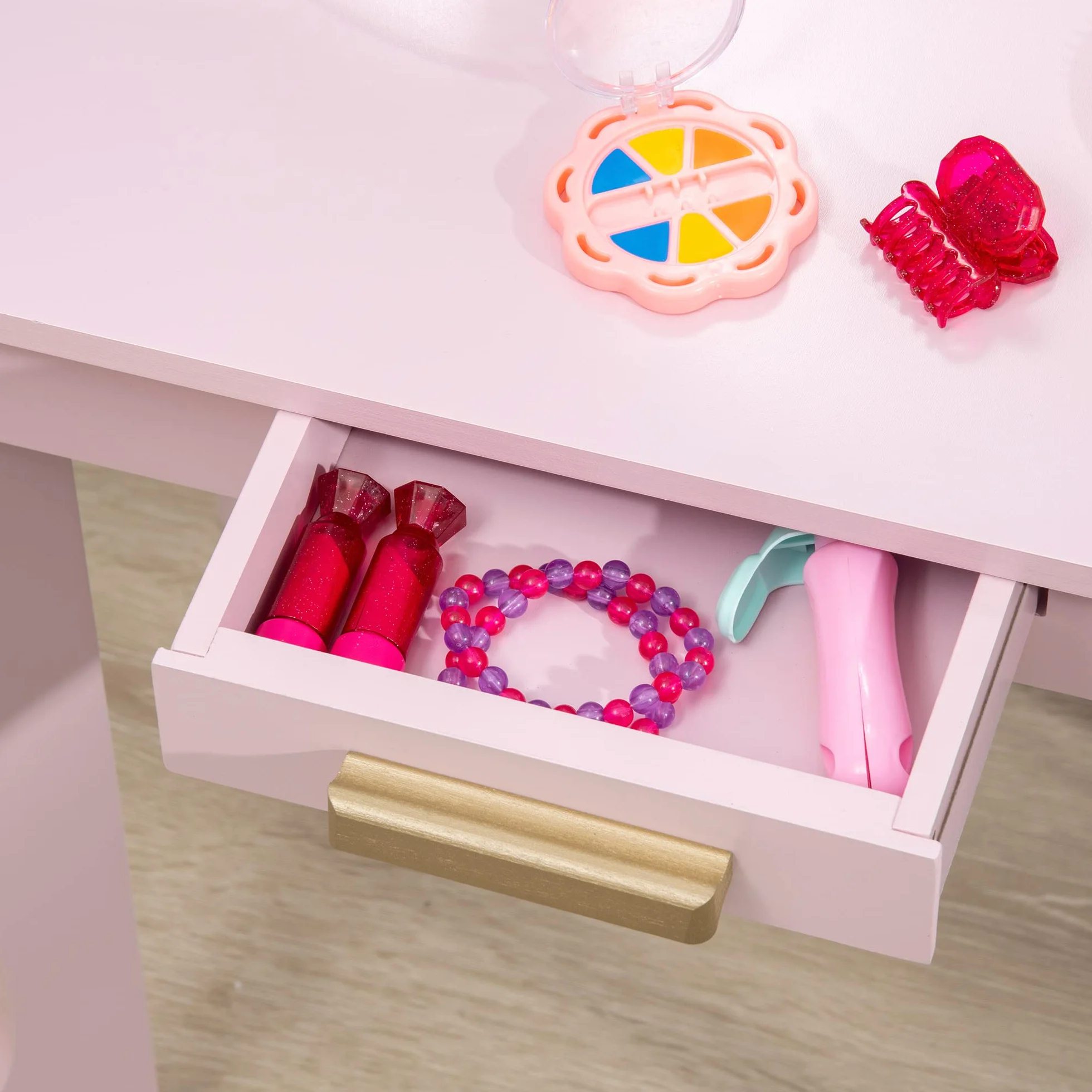HOMCOM Tavolo per Trucco per Bambine 3-6 Anni con Sgabello, Cassetti e Specchio Coordinato in Acrilico, in MDF e Legno di Pino, Rosa