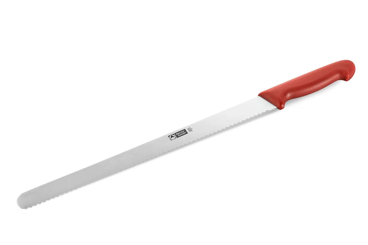 Coltello da pasticceria (acciaio inossidabile), lama ondulata unilaterale, con manico in plastica rossa, 36 cm
