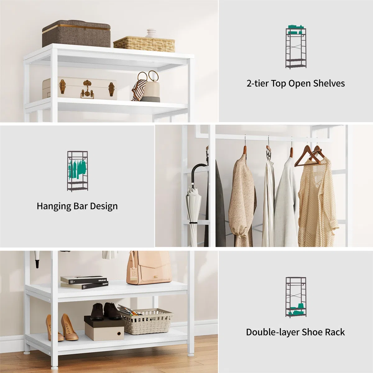 YITAHOME Appendiabiti con Portascarpe, Attaccapanni da Pavimento con 4 Ripiani, Porta Abiti Industriale, Scaffale per Abbigliamento, per Ingresso Corridoio Soggiorno, Bianco