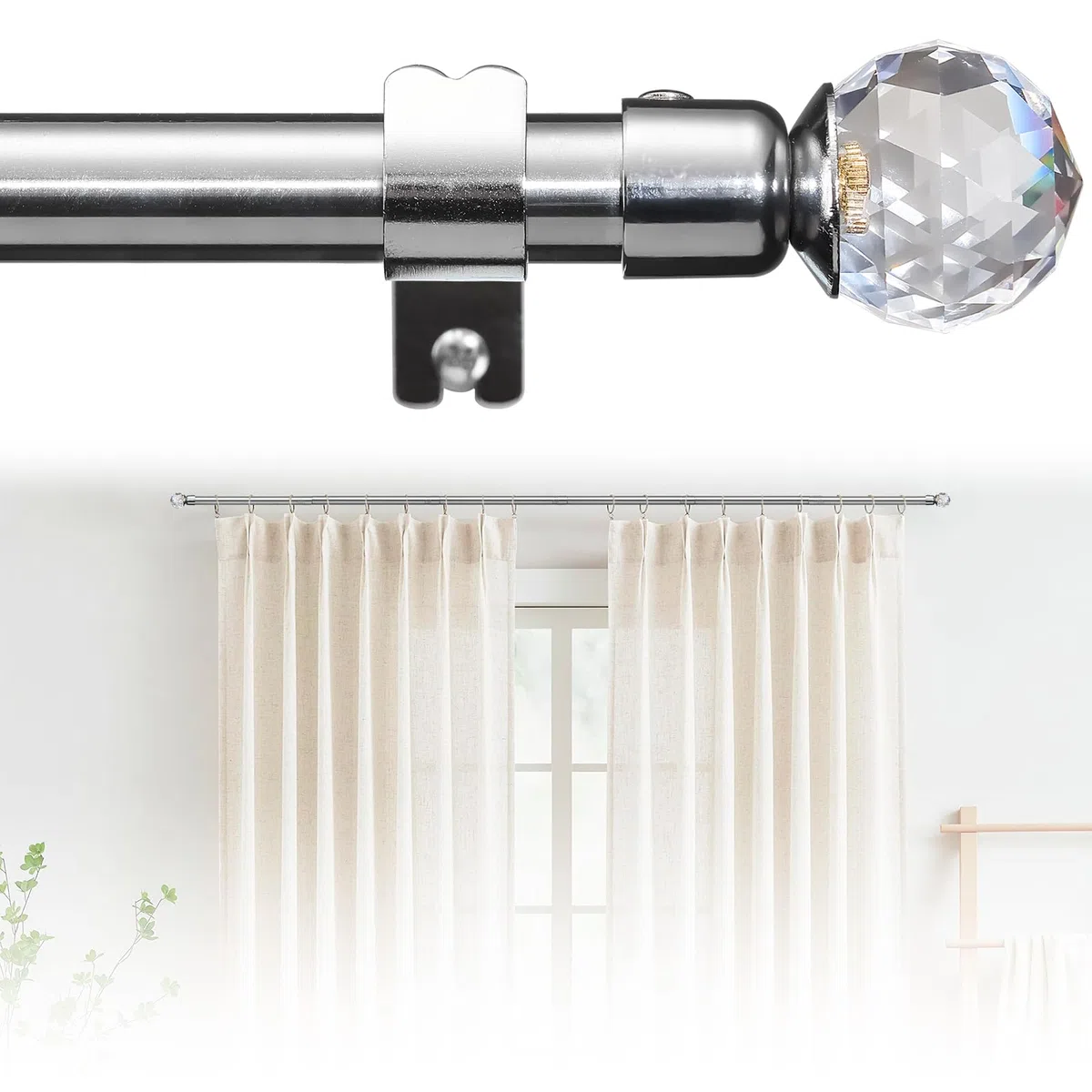 Bastone per tenda argentato, con terminali in cristallo, per tende velate (16 mm), 76-117 cm, asta regolabile per finestra a bovindo, in acciaio inox, con staffe resistenti, per interni