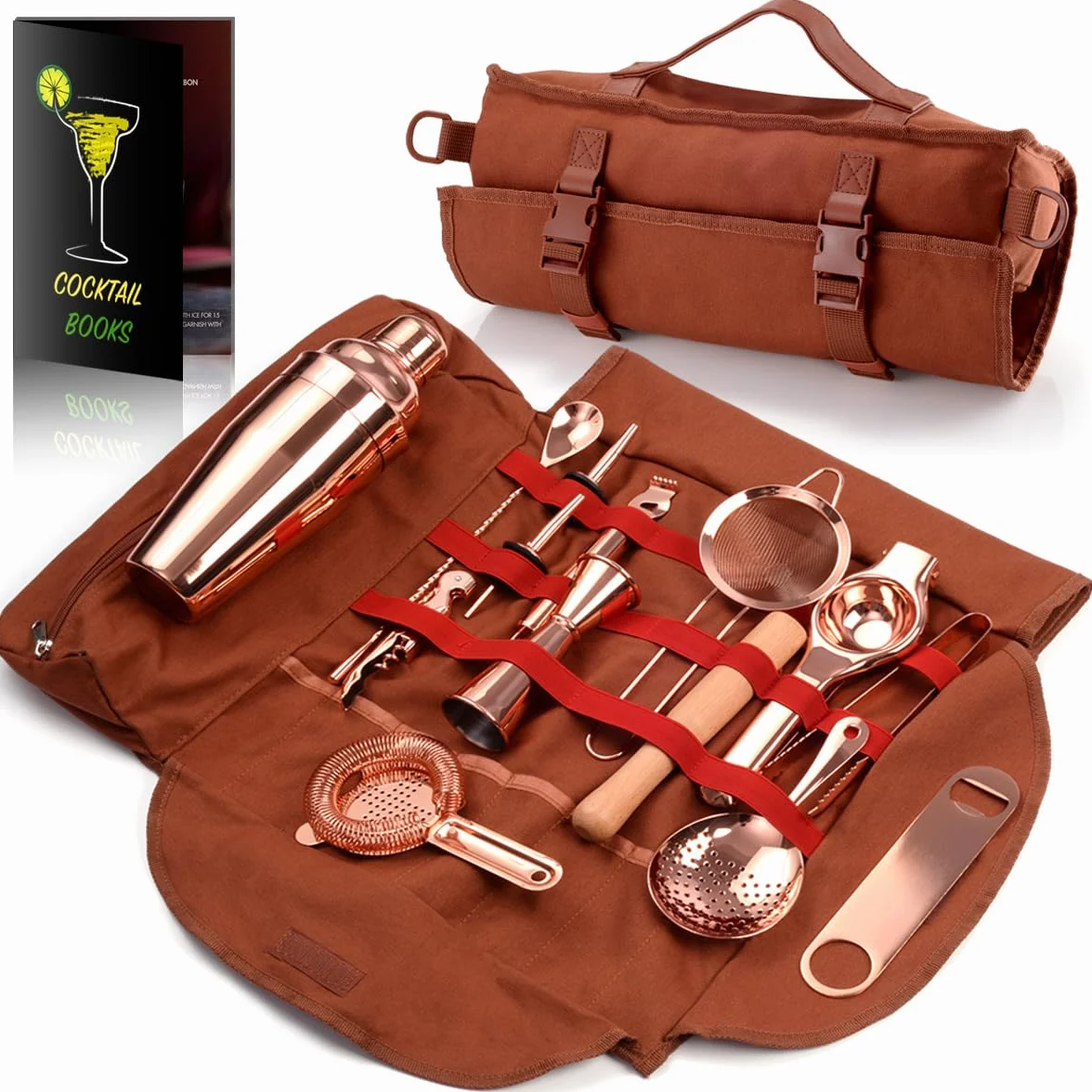 Borsa kit da barista viaggiatore, set di attrezzi da bar professionale con 17 pezzi, set da bar portatile in tela cerata con tracolla per servizio al bar, feste, viaggi in campeggio