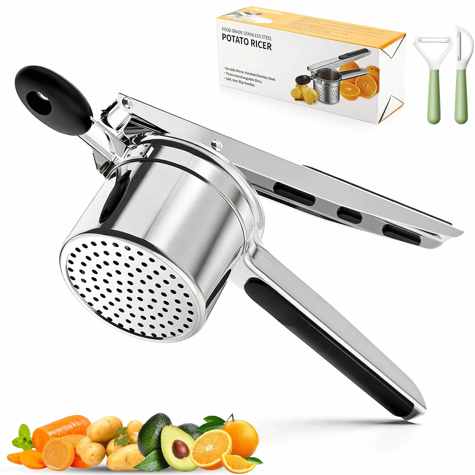 Schiacciapatate in Acciaio Inox con 4 Dischi e Pelapatate – Pressa per Patate Robusta e Professionale, per Purè, Gnocchi e Pappa per Bambini – Heavy Duty, Lavabile in Lavastoviglie