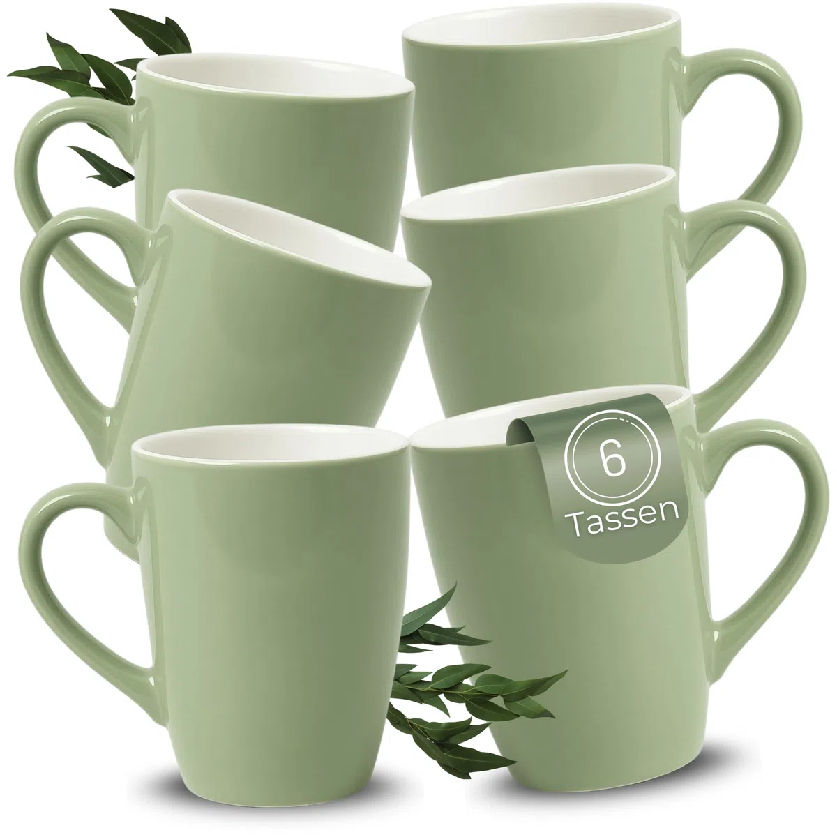 matches21 HOME & HOBBY Set di 6 tazze da caffè in ceramica da 340ml - Tazze da tè per 6 persone in salvia, bicchieri da caffè lavabili in lavastoviglie
