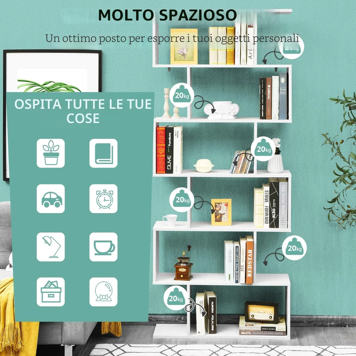 HOMASIS Libreria da Parete a 6 Livelli, Libreria Scaffale in Legno, Divisorio a Parete Multifunzionale con Design Antiribaltamento, Scaffale a S per Ufficio, Salotto, 80 x 23 x 191cm (Bianco)