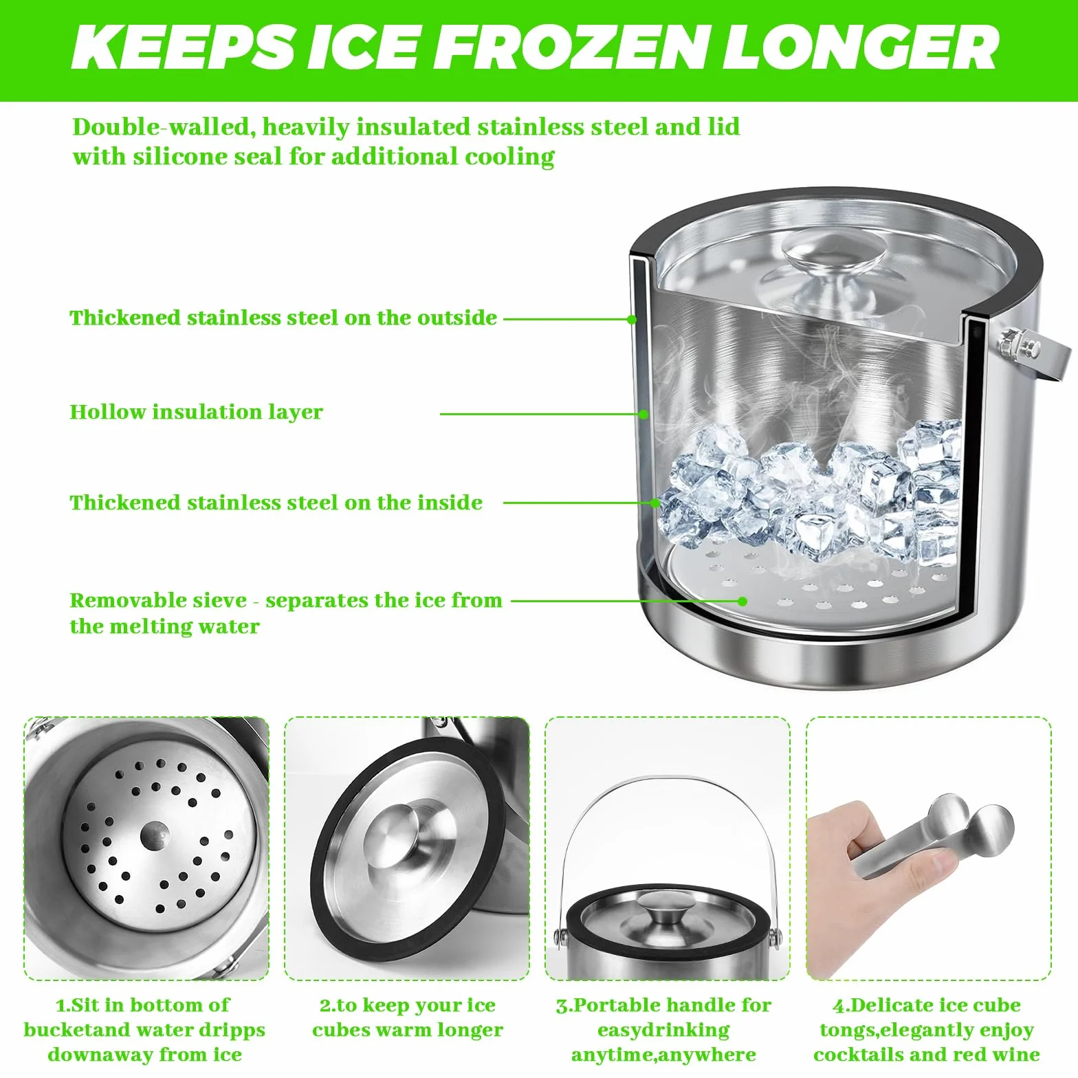 Sprifityy 3,2L Secchiello per Ghiaccio a Doppia Parete in Acciaio Inox,con Coperchio in Silicone, pinze e Filtro,Secchiello Ghiaccio Acciaio Inox,Ideale per Famiglie e Bar