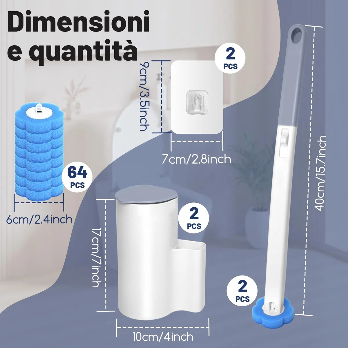 Scopino WC Usa e Getta – Set di Scopino Bagno WC a Parete in 2 Pezzi, Comprensivo con 64 Testine con detergente e 2 Supporti per Riporle, per Pulizia WC, Bagno, Lavabo e Vasca