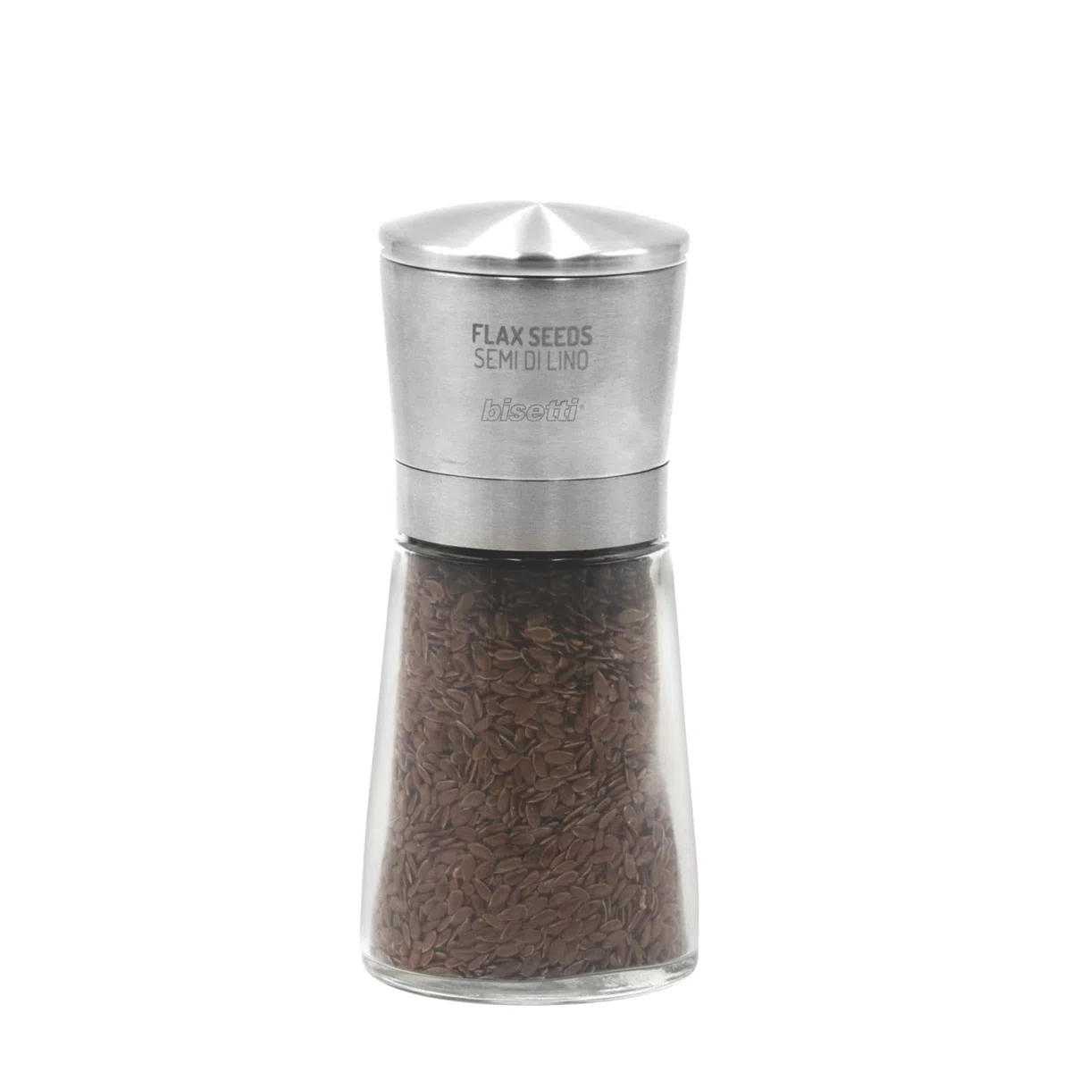 Macina Semi di Lino Manuale in Vetro e Acciaio Inossidabile da 14,5 cm, Macina Spezie Manuale La Spezia, Made in Italy, Trita Spezie Resistente, Duraturo e Elegante per la Tua Cucina - BISETTI