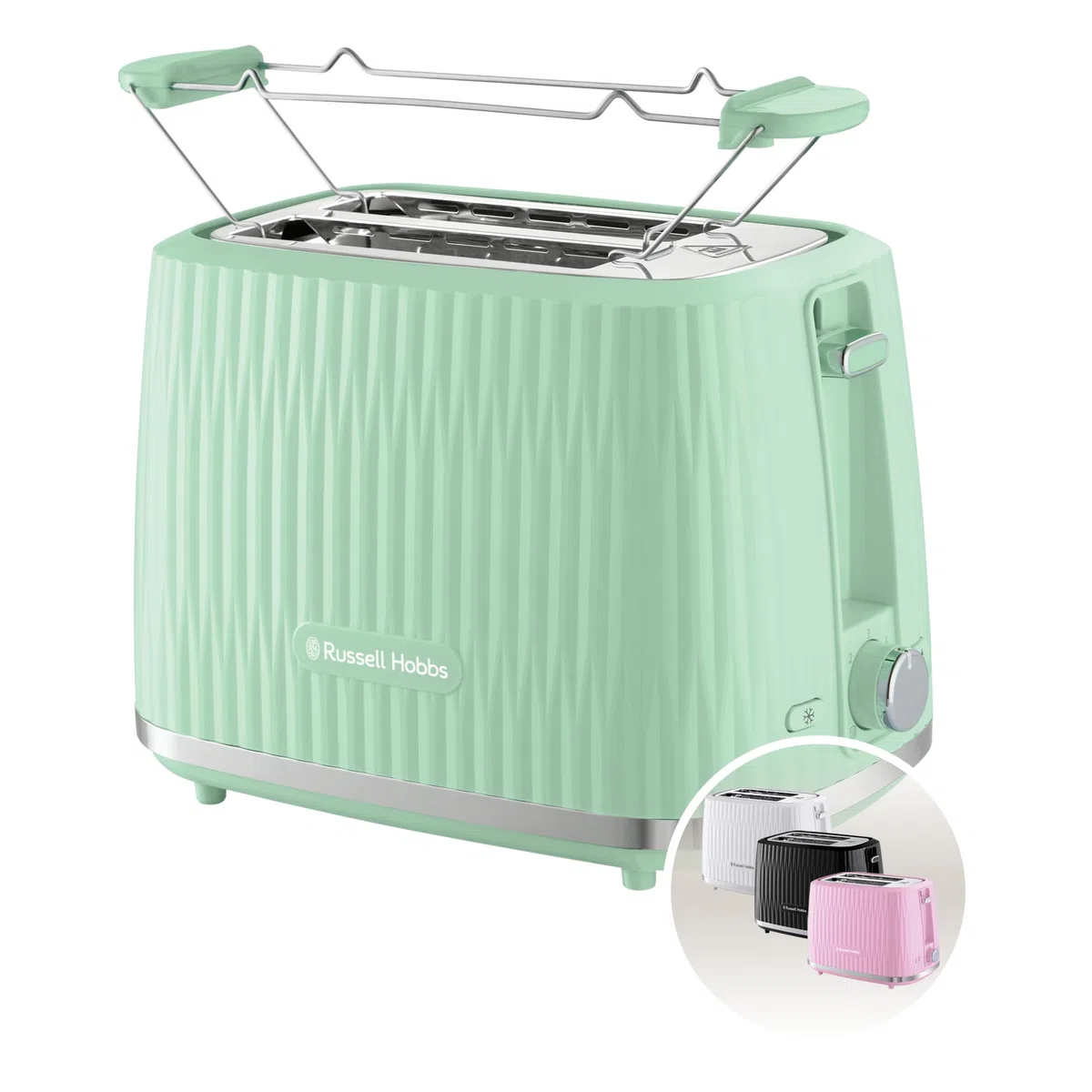 Russell Hobbs Tostapane 2 fette, 6 gradi di doratura, con Pinze, Scongela, Riscalda, Cancella selezione, Vassoio raccogli briciole, Riscalda panini, esterno testurizzato, Eden Pistacchio 27374-56