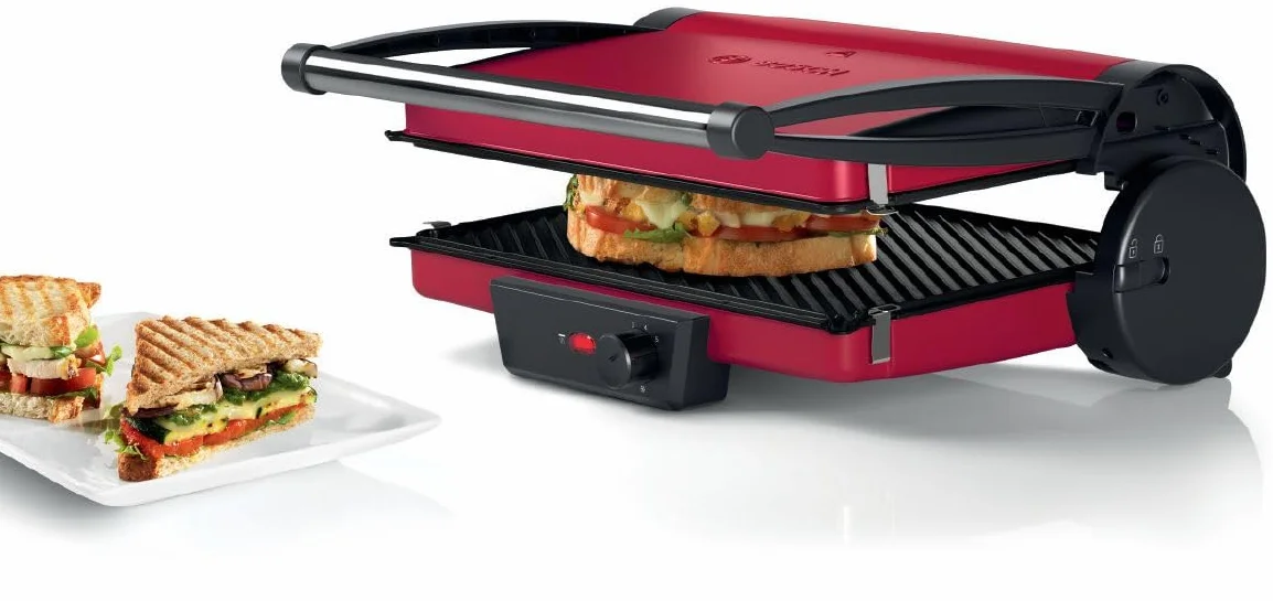 Bosch Bistecchiera TCG4104, 3 Posizioni di Cottura, 5 Livelli di temperatura, 2000W, Piastre Grill in Alluminio Rimovibili e Lavabili in Lavastoviglie, Rivestimento Ceramico Antiaderente, Rosso