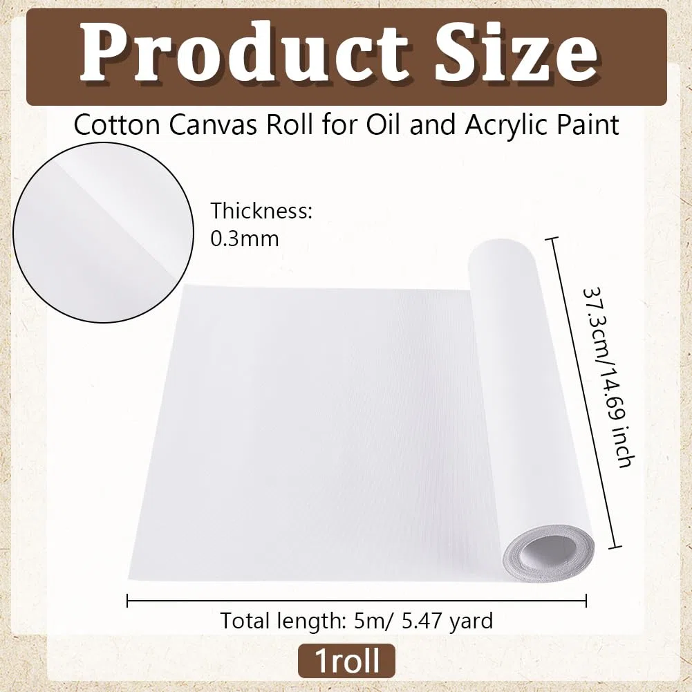 OLYCRAFT Rotolo di Tela Bianca da 37.3cm X 5 m Tela di Cotone con Doppio Primer Rotolo di Tela di Cotone Spesso 0.3mm per Pittura Carta da Gesso con Doppio Primer per Progetti Artistici con Pittura