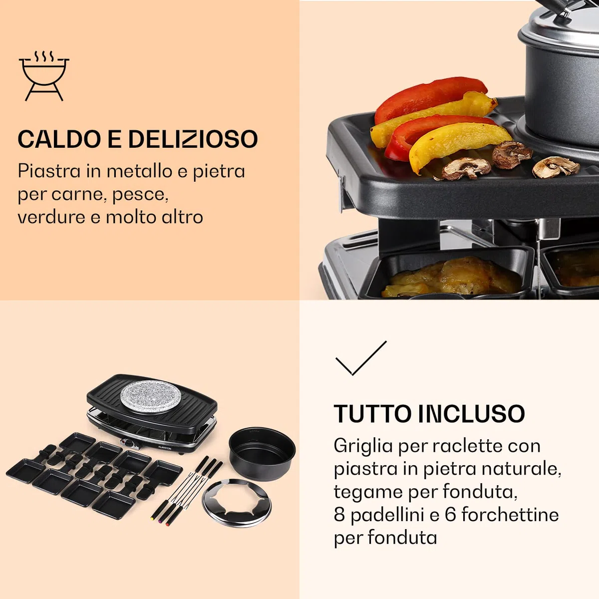 Klarstein 3-in-1 Griglia per Raclette e Set Fonduta Formaggio, Piastra Raclette Formaggio in Pietra Ollare 11W, Piastra Elettrica per Grigliare Carne e Formaggio con Pentole e Forchette per Fonduta