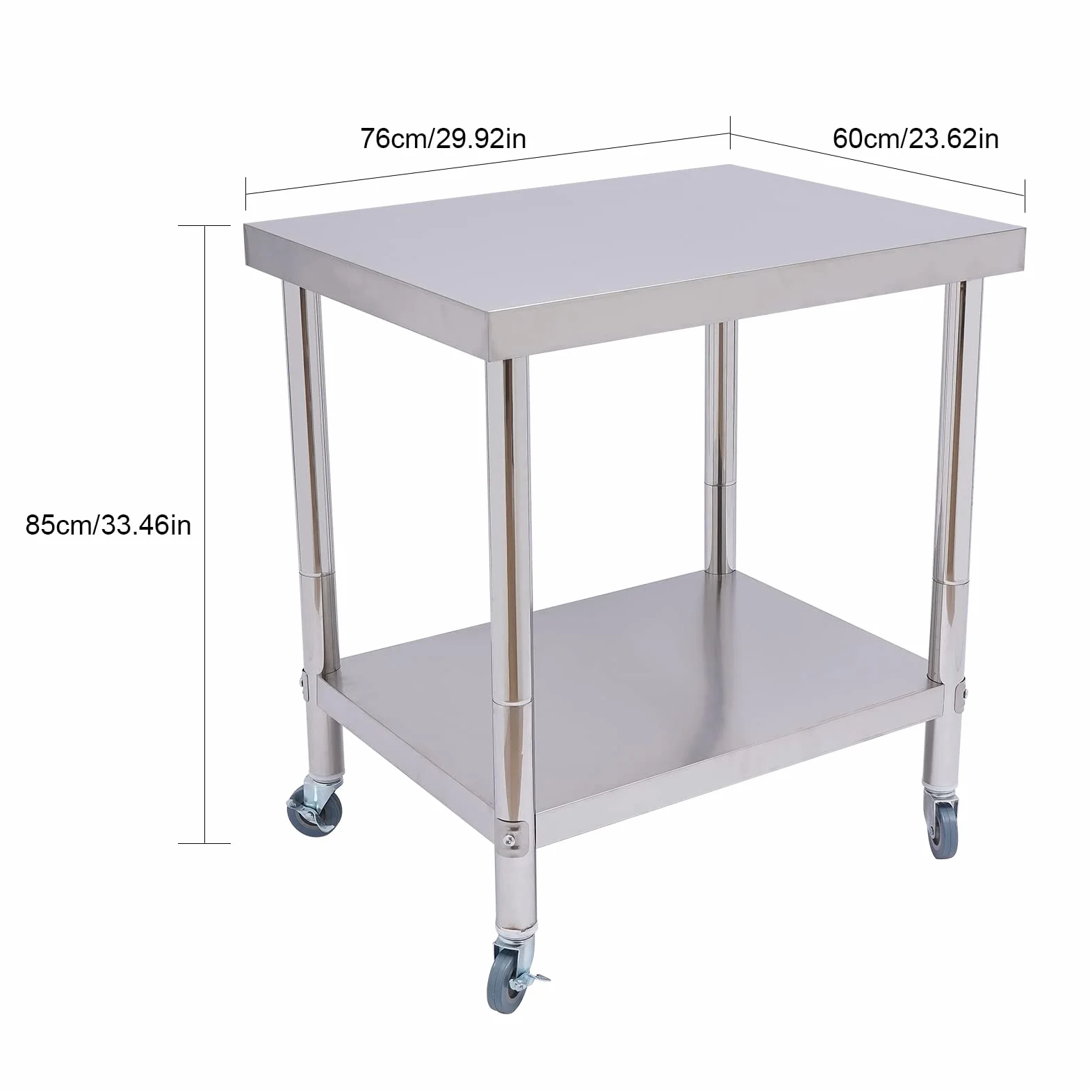 OUKANING Carrello da portata in acciaio inox, 2 piani, tavolo da lavoro, cucina in acciaio inox, con ruote, per uso domestico/commerciale, capacità di carico 300 kg, tubo rotondo 5 cm (dimensioni: 76