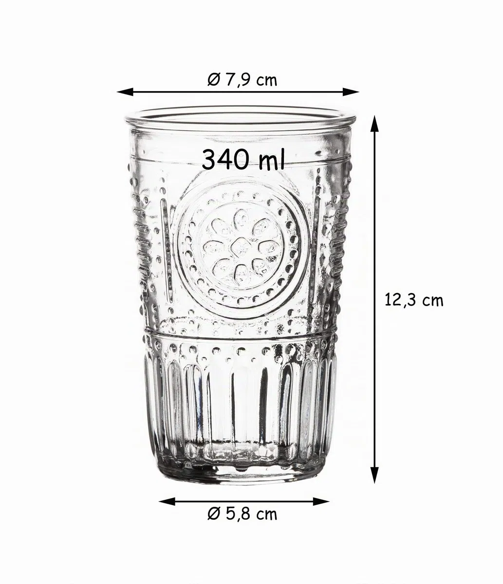 Bormioli Rocco Romantic Confezione 6 Bicchieri 34 cl, Vetro, Trasparente, 7.9 x 7.9 x 12.3 cm