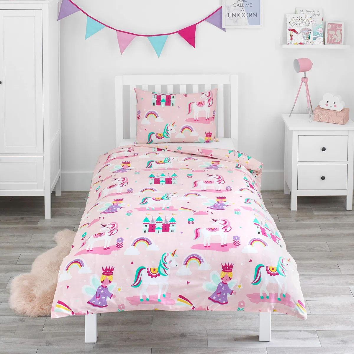 Bloomsbury Mill - Set biancheria da letto per bambini - Unicorno, Principessa e Arcobaleni - Set Copripiumino Lettino e federa per Ragazee - Lenzuola Culla per junior e bambino - Rosa -120 x 150 cm