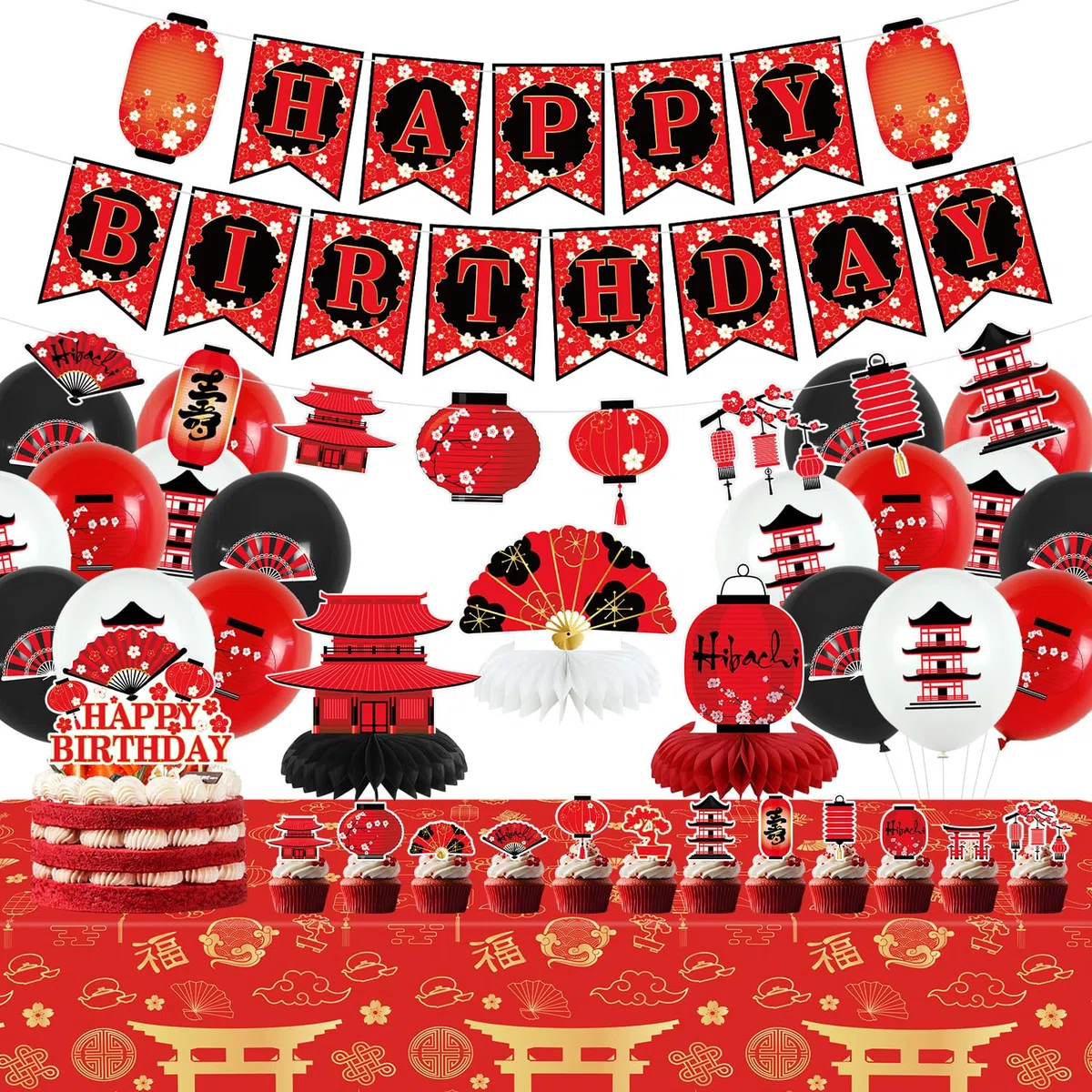 Decorazioni per feste Hibachi, forniture per feste di compleanno giapponesi Hibachi includono striscione di buon compleanno, decorazioni per torte, centrotavola a nido d'ape, tovaglia e palloncini per