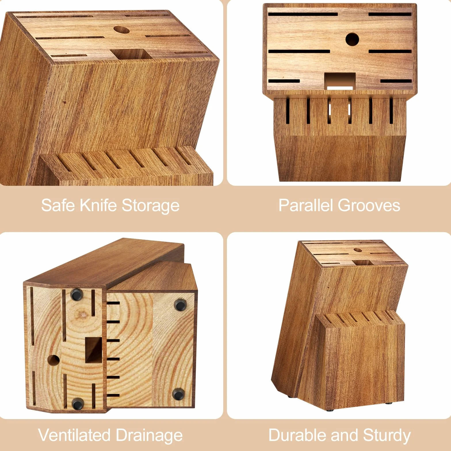 Ceppo Coltelli da Cucina, Ceppo in Legno Con 14 Scomparti, Affilacoltelli e Forbici Incluso, Porta Coltelli Cucina, Blocco Portacoltelli Senza Coltello, Base Antiscivolo, Universale, Pino