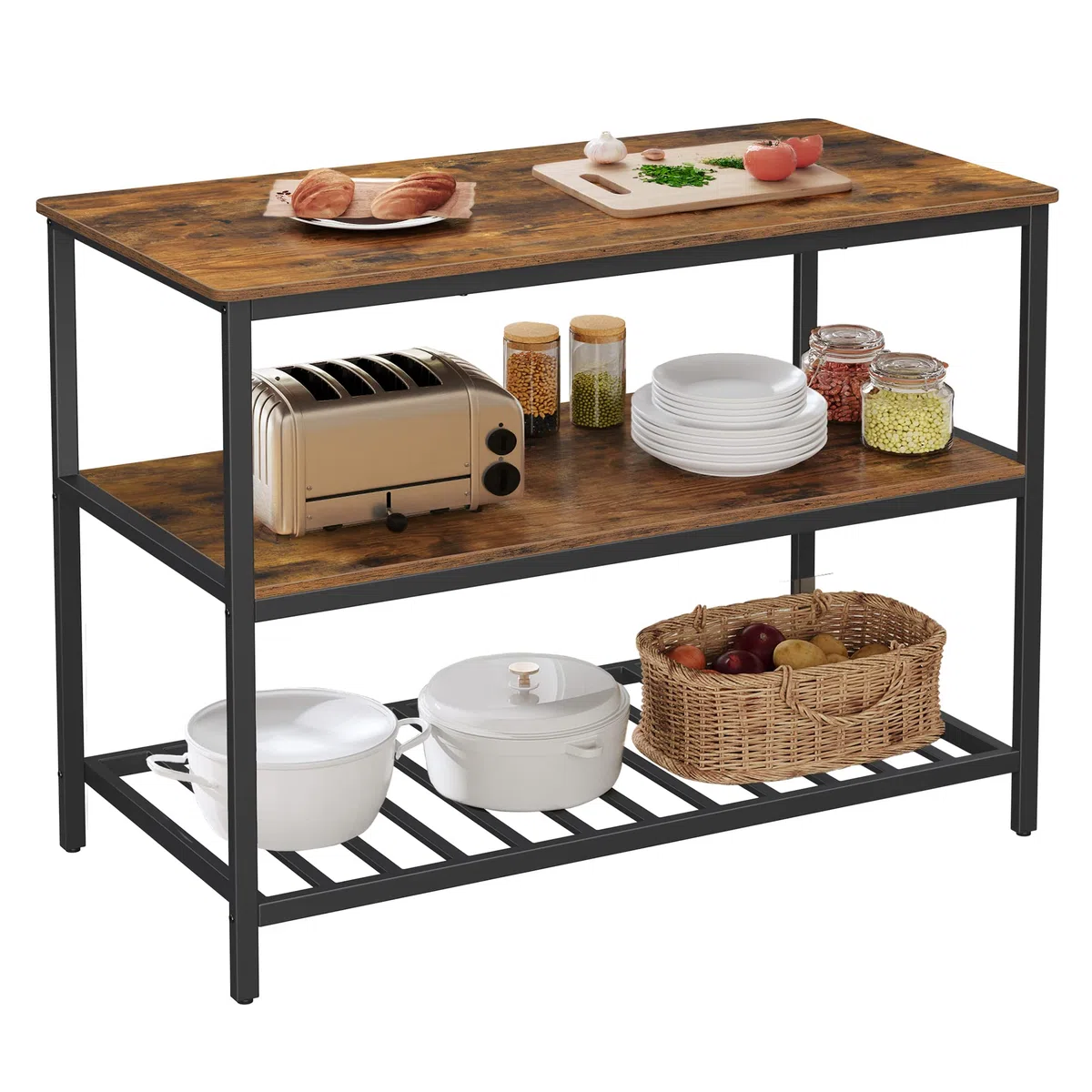 VASAGLE Isola da Cucina con Ampio Piano di Lavoro, Scaffale a 3 Livelli, Struttura in Acciaio, 60 x 120 x 90 cm, Stile Industriale, Facile da Montare, Marrone Vintage e Nero KKI01BX