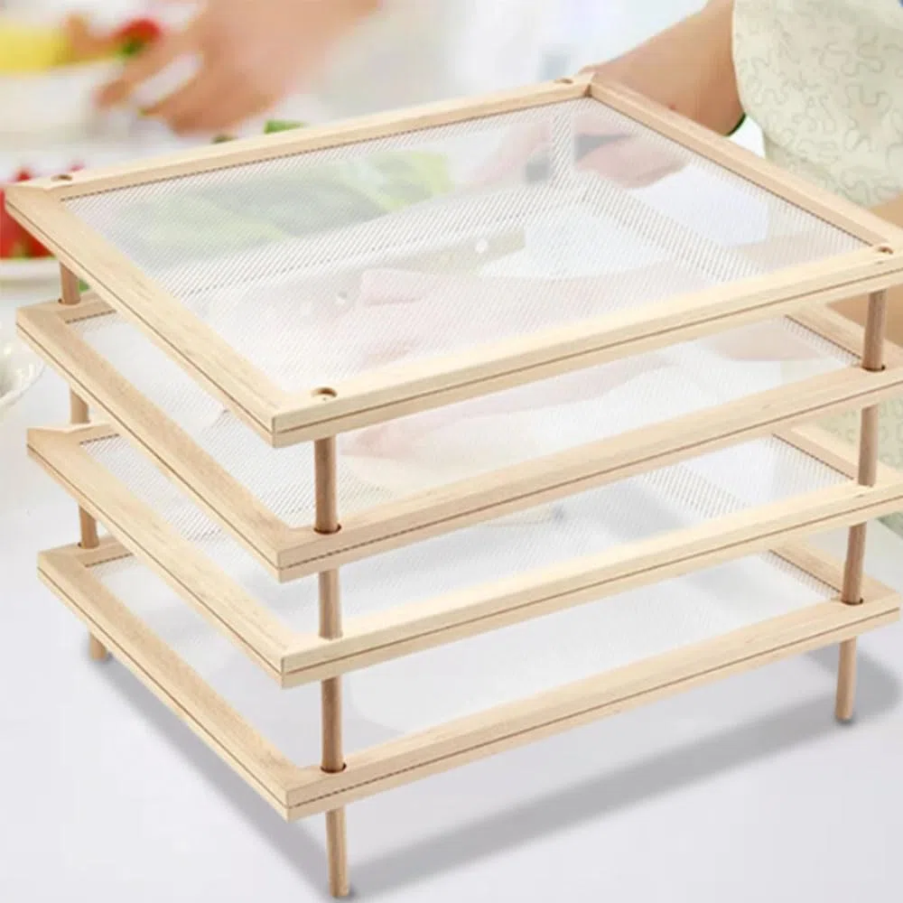 Set 4 Essiccatori impilabili sovrapponibili con telaio in legno e rete alimentare stendipasta per essiccare cibi alimenti pasta funghi verdure