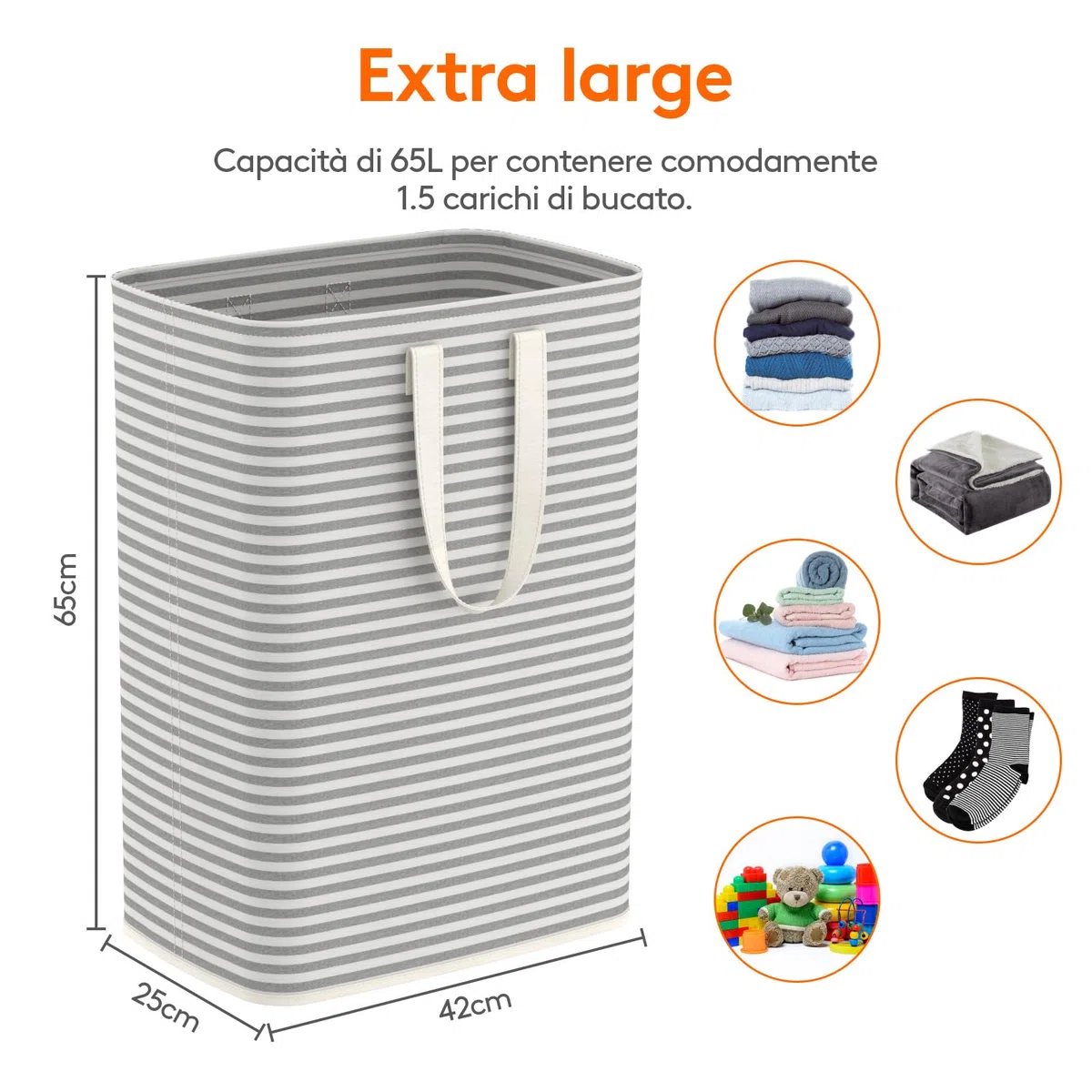 Lifewit Cesto Portabiancheria, Grande Cesta Portabiancheria Pieghevole con Manici Allungati, Portabiancheria Sporca, Laundry Basket per Vestiti, Asciugamani, Coperte, Grigio, 65 L