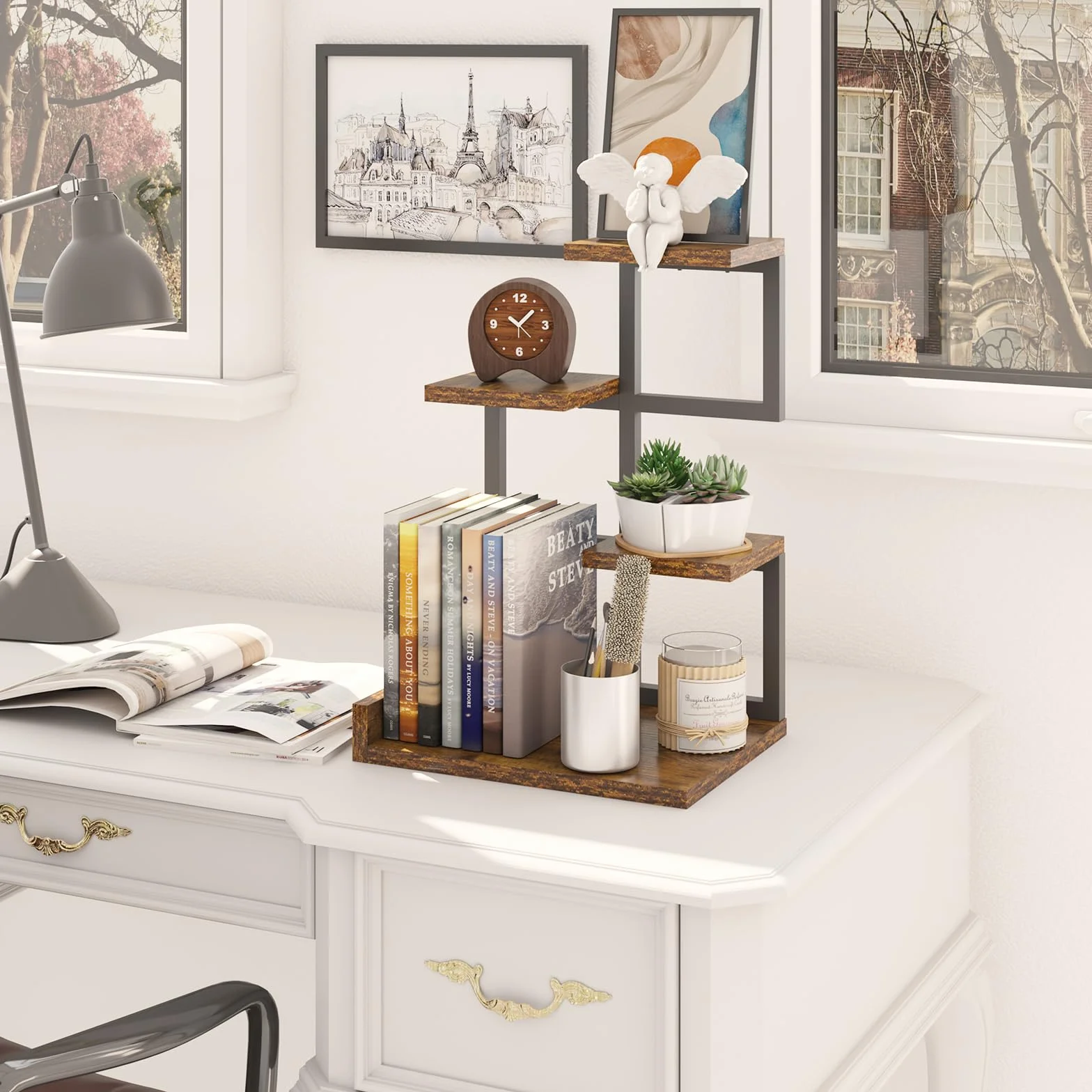 YMYNY Mensola da Tavolo in Legno, 4 Tier Storage Display Rack, Mensola Organizzatore Piccolo Libreria con telaio in Metallo per, Libri, Piante, 31 x 24 x 44.5cm, Marrone Rustico HSR007H
