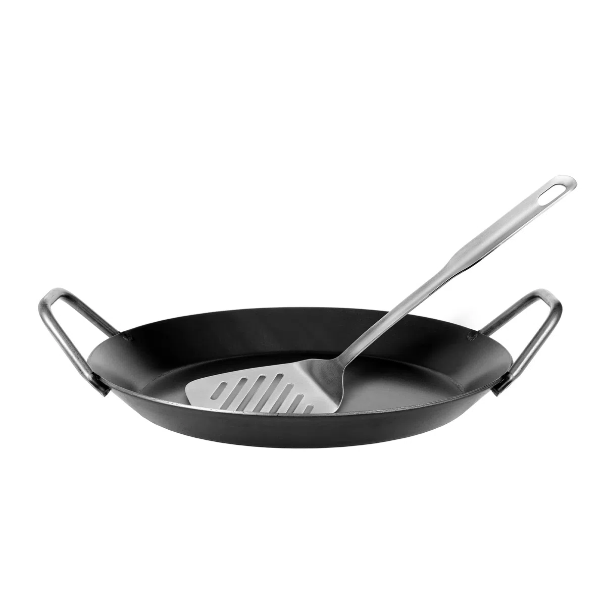 GRÄWE Padella in ferro battuto F 400, Ø 28 cm, padella in ferro con manici, con paletta, resistente al calore a 400 °C, padella in ferro, padella antigraffio non rivestita, adatta a induzione