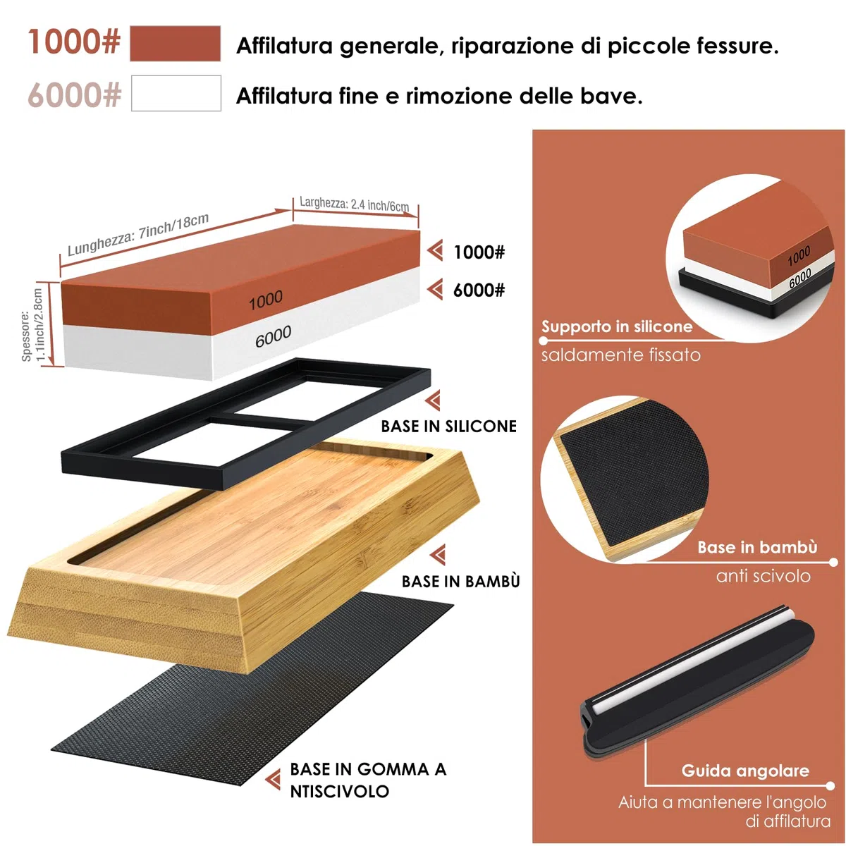 SHAN ZU Pietra Affilacoltelli, 1000/6000 Grana Giapponese Pietra per Affilare Coltelli, 2-in-1 Pietra Affilatura Professionale con Guida Angolare & Supporto in Silicone Antiscivolo