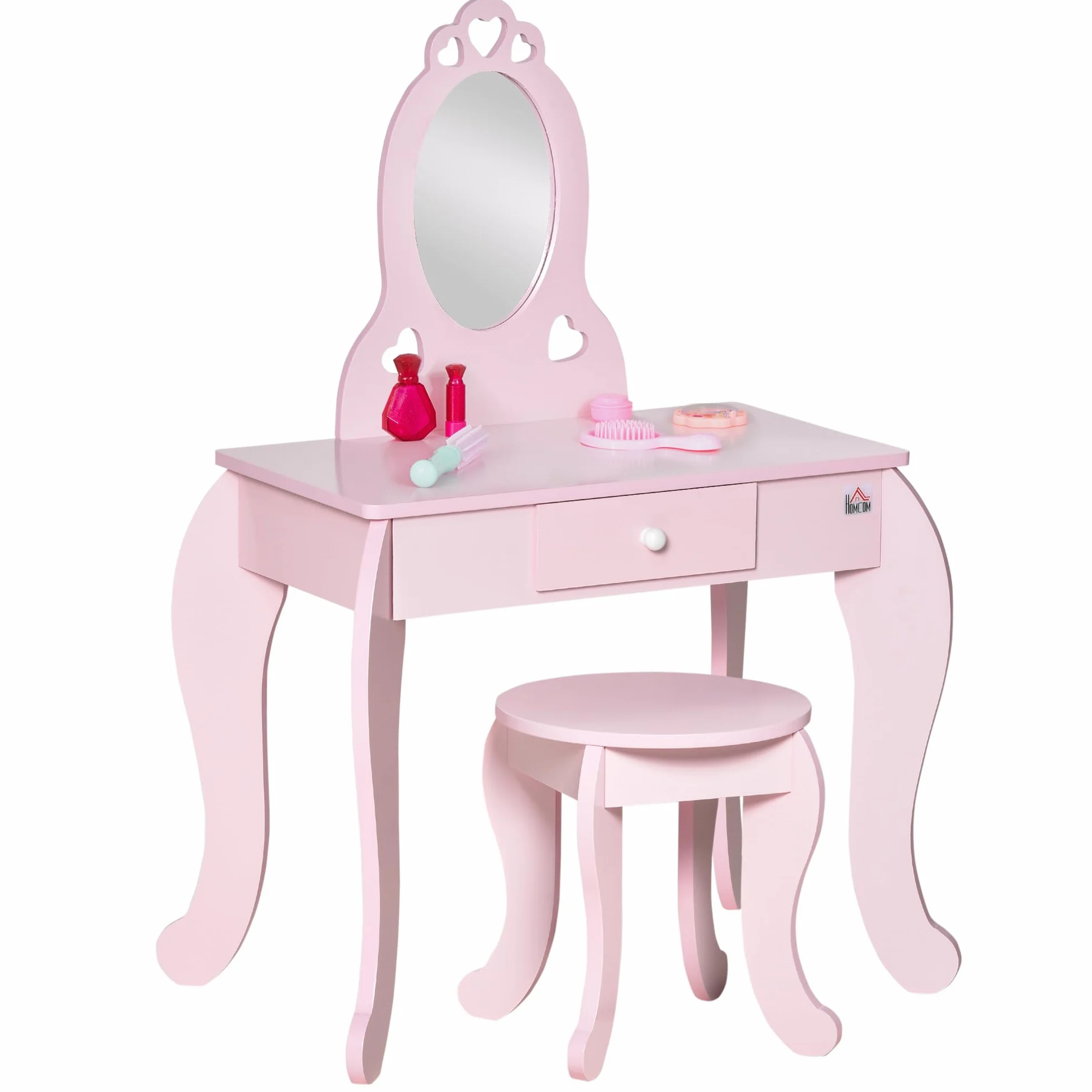 HOMCOM Toeletta Trucco Bambina con Sgabello in Legno, Postazione Trucco Bambina, Tavolo Trucco per Bambini 3-6 Anni con Specchio e Cassetto, Rosa