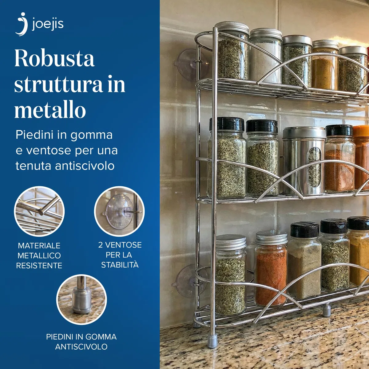 joeji's Kitchen Portaspezie a 3 Livelli - Portaspezie Da Appoggio Salvaspazio - Adattarsi a Vasetti Di Diverse Dimensioni - Adatto Per 18 Barattoli Di Spezie - Argento