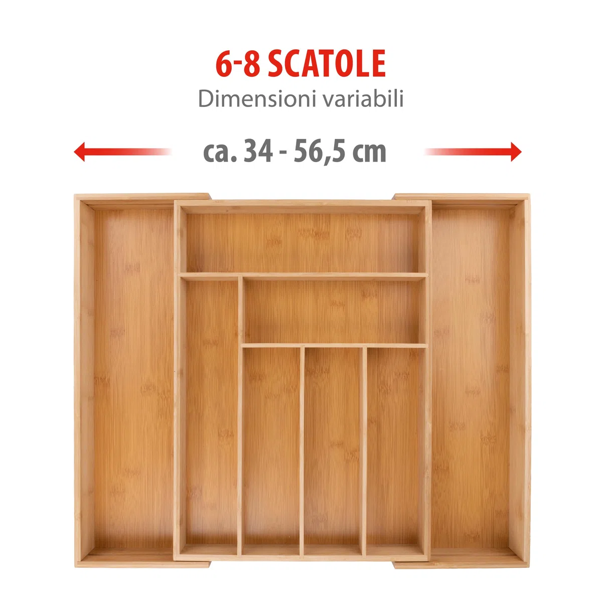 alpina Portaposate da Cassetto - Organizer Casetti Cucina Estensibile 46 x 34-56,5 x 6 cm - Organizzatore Cassetti con 6 a 8 Scomparti - Per Utensili da Cucina, Occhiali da Sole e Altro - Bambù