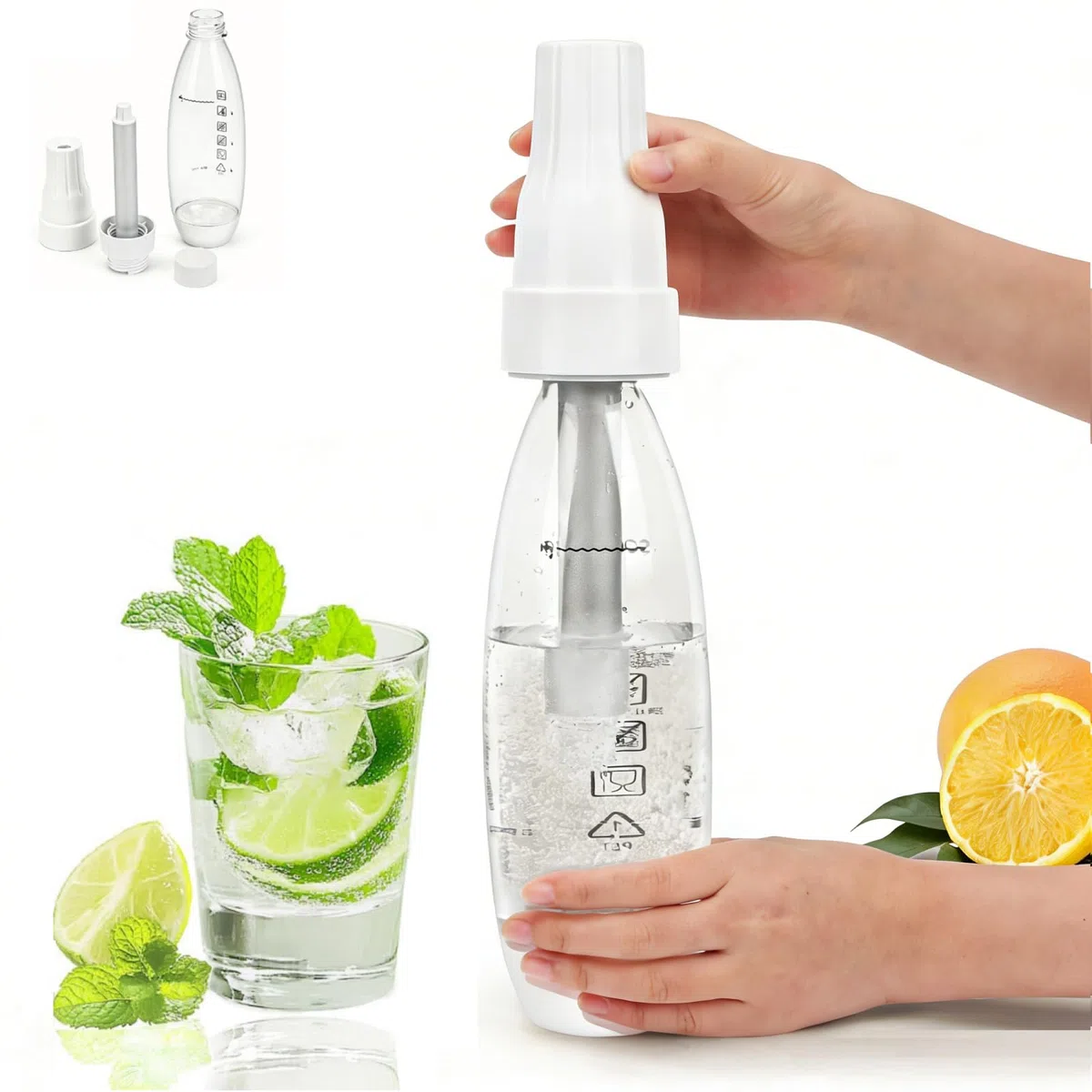 Soda Maker, Sifone per Soda 1L, Soda Siphon Bottle Portatile, Macchina per Bevande Gassate Riutilizzabile, Produttore di Bevande Analcoliche in PET per Succhi di Frutta Fatti in Casa, Mojito, Cocktail