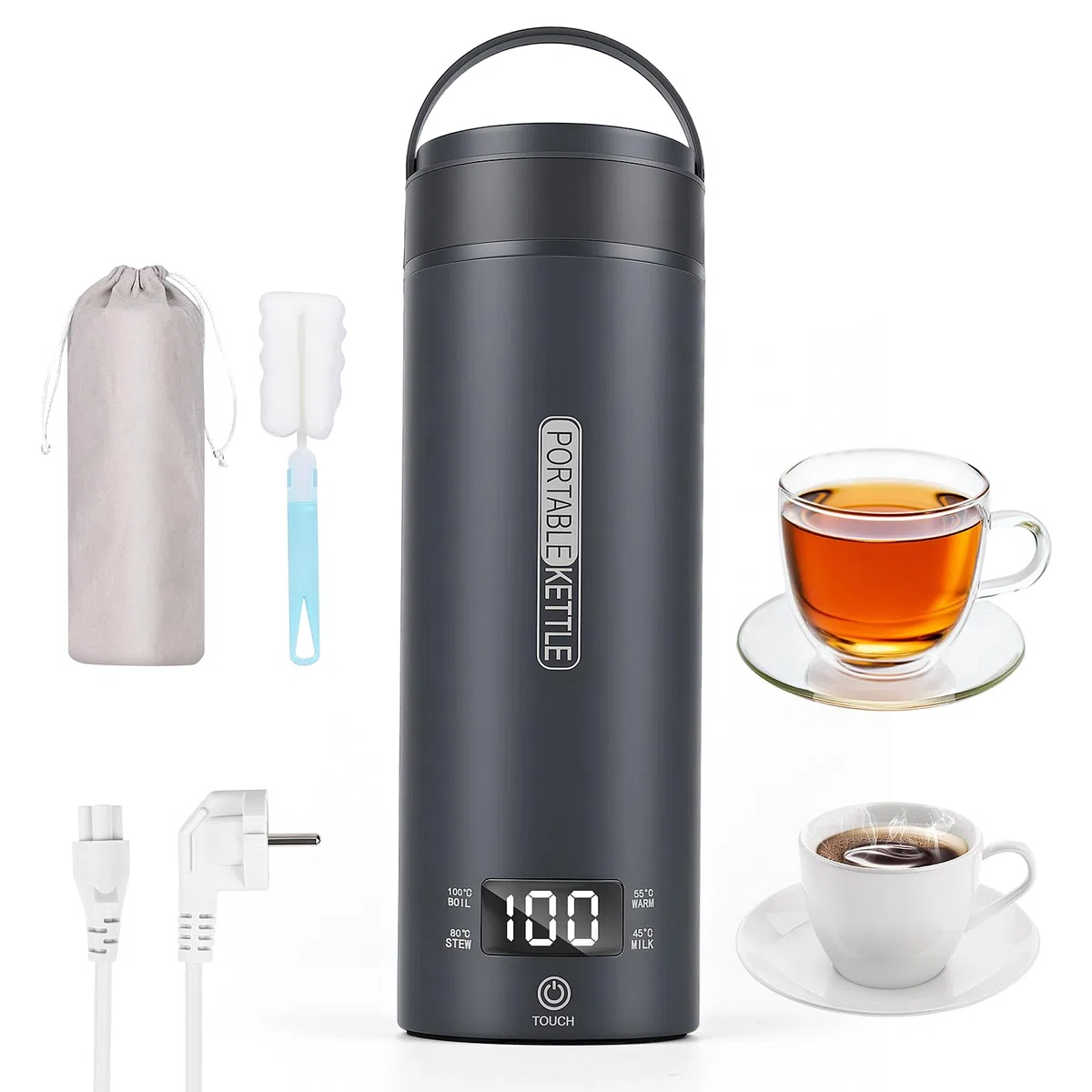 Bollitore elettrico portatile da viaggio, 450 ml, bollitore da viaggio per tè e caffè, spegnimento automatico e protezione a secco con acciaio inossidabile 316, 4 regolatori di temperatura (Grigio)