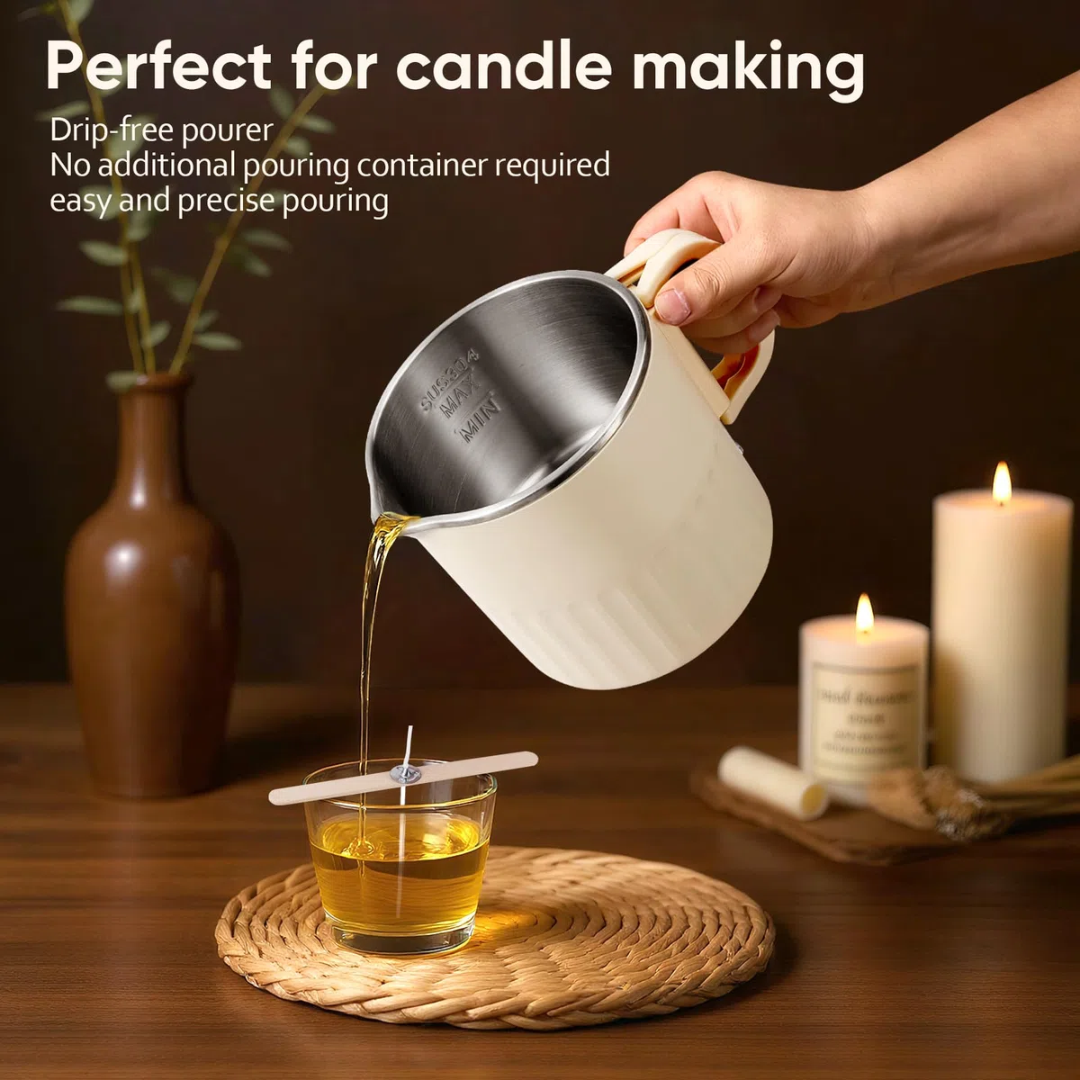 Fusciera Elettrica per Candele 1L, Kit Candele Fai Da Te, Kit Di Fabbricazione Di Candele Di Soia Con Pentola per Fusione Di Cera, Termometro, Stoppino per Candele, Stoppino E Cucchiaio per Mescolare