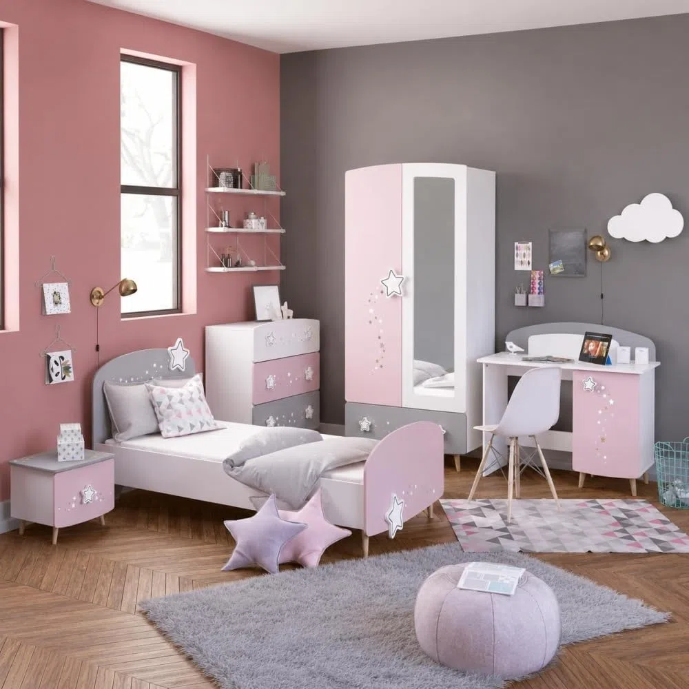 Befara Comodino per Bambini Rosa Grigio Cosmos, Bianco Opaco/Grigio/Rosa, Comodino per Bambini Rosa Grigio
