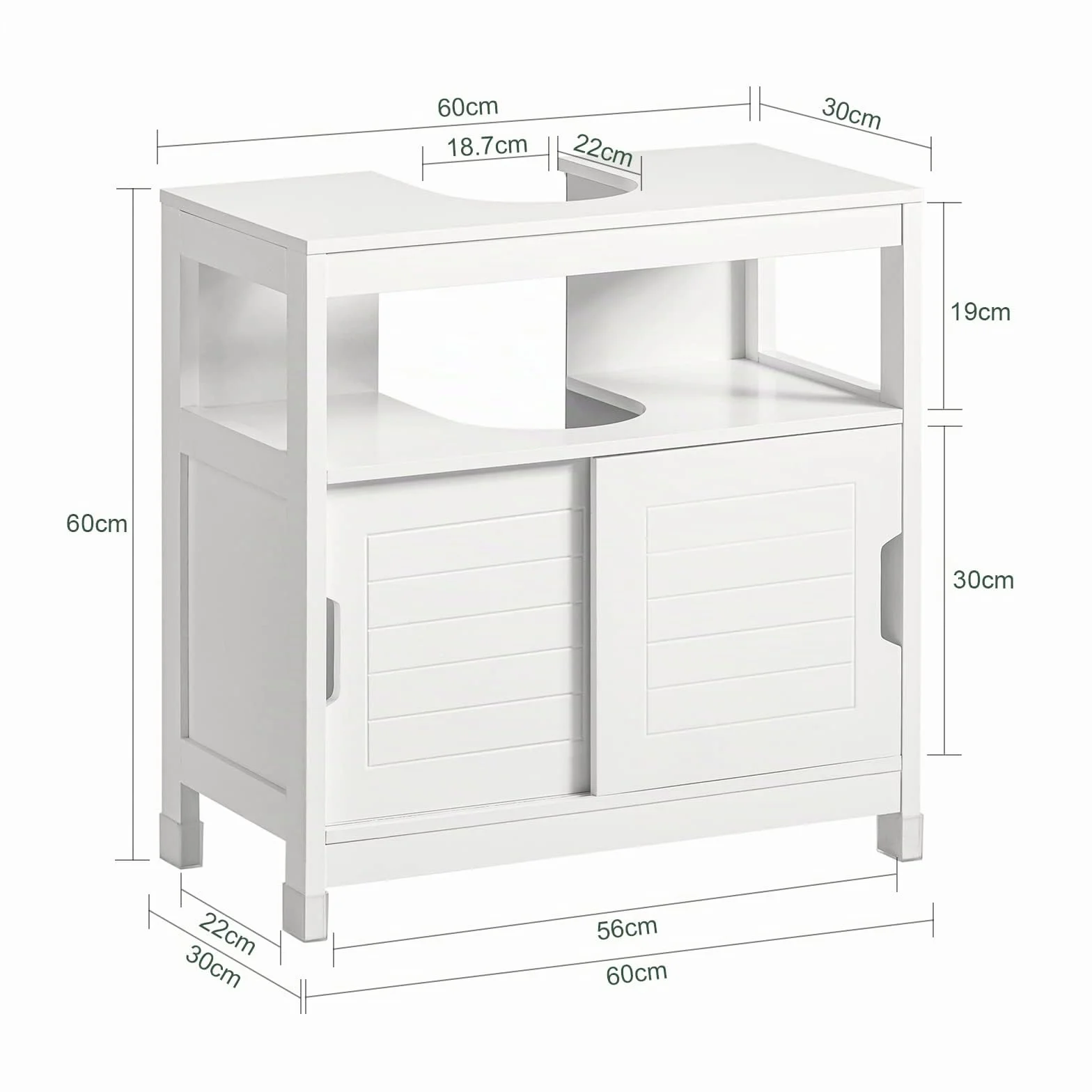 SoBuy Mobiletto Bagno Salvaspazio - Armadio Salvaspazio 2 Ante Scorrevoli e Ripiano Aperto - Mobile Sottolavabo per Bagno Moderno Piccolo – Bianco, 60x30x60cm, FRG128-II-W