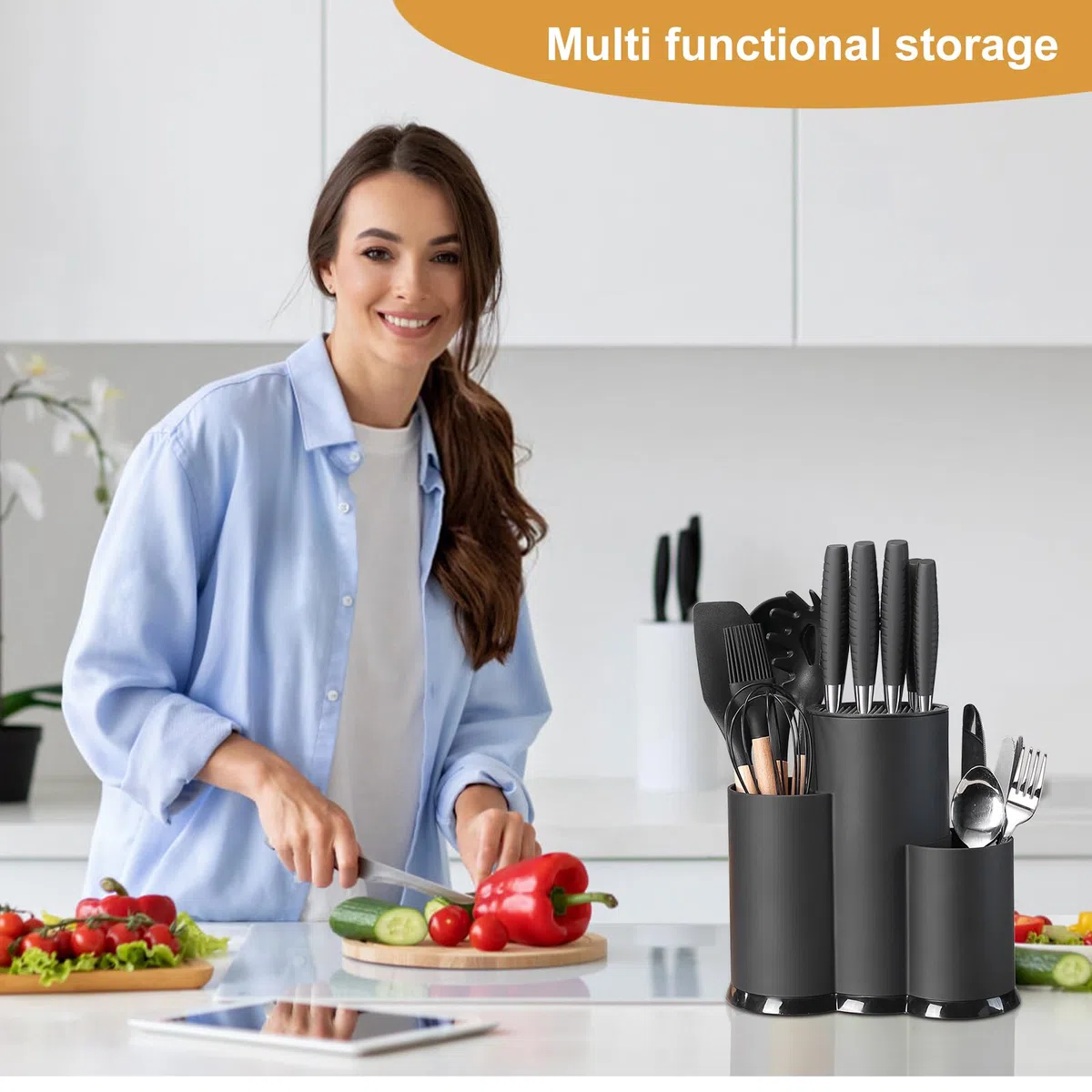 3 in 1 Ceppo Coltelli da Cucina, Nero Porta Coltelli Cucina con Foro Scarico e Slot Porta, Universal Portacoltelli da Cucina Vuoto, Rotondo Porta Utensili da Cucina, Mantiene Coltelli 8 Pollici