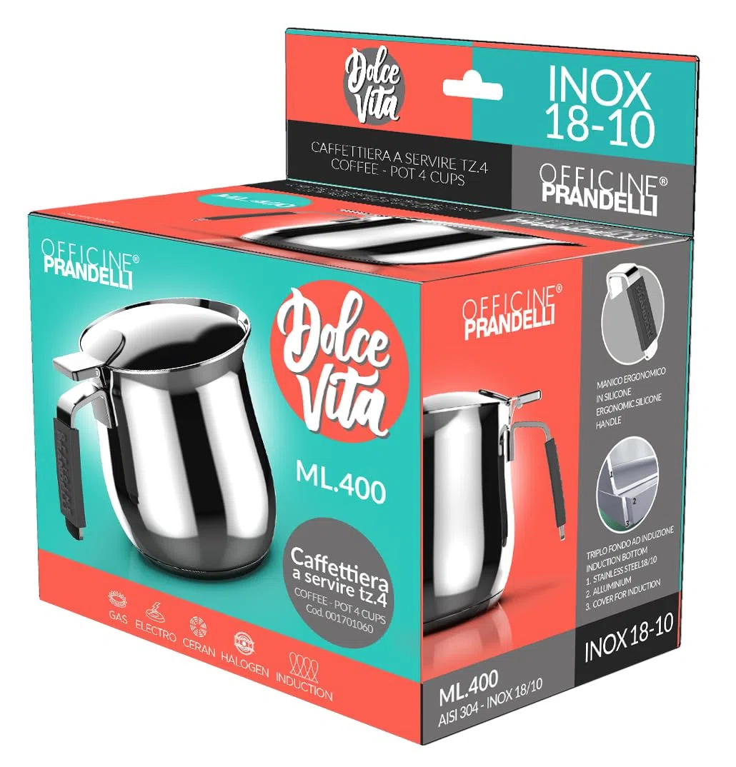 Lattiera Tazze 8, Linea Dolcevita, 700 ML, Acciaio Inox 18/10 ad induzione con manico in silicone antiscotto, Officine Prandelli
