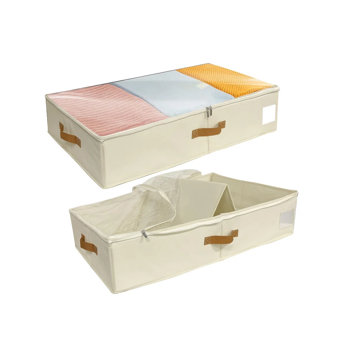 Contenitori Sottoletto, Scatole per Vestiti con Finestra Frontale Trasparente, 2 Pezzi Scatole Pieghevoli Portavestiti, Pannelli di supporto sui lati e sul fondo (Beige, Fondo con piastra)