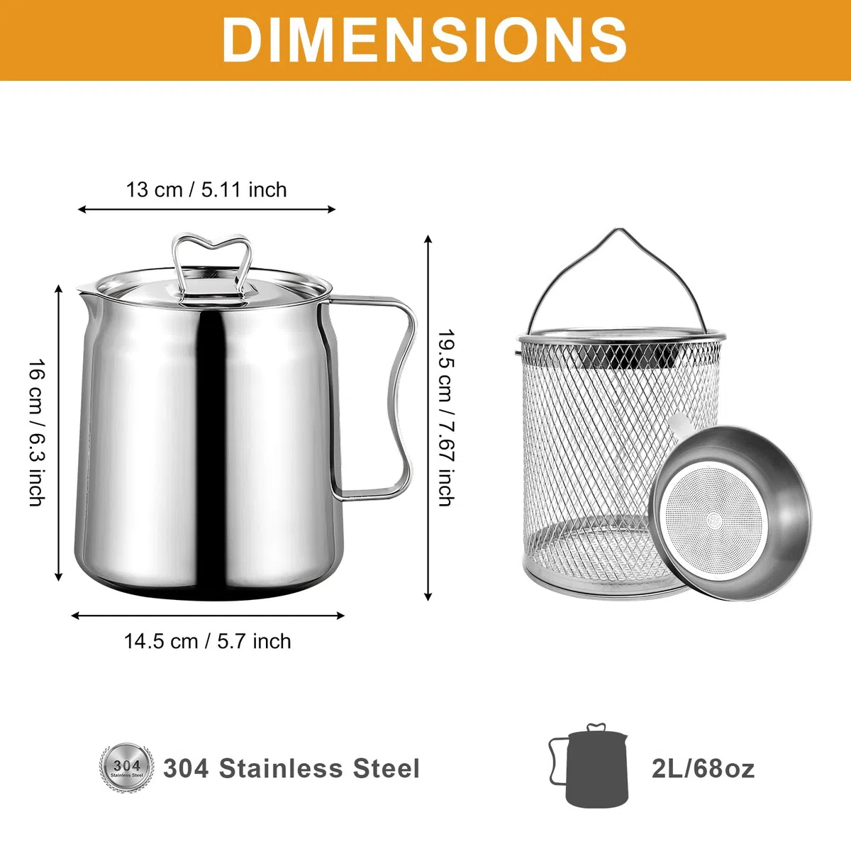 ANRUI Barattolo Contenitore Colino Olio da 2L, Contenitore per Grasso in Acciaio Inox con Colino a Maglia Fine e Cestino per Friggere, Adatto per Conservare Olio da Frittura e Grasso da Cucina