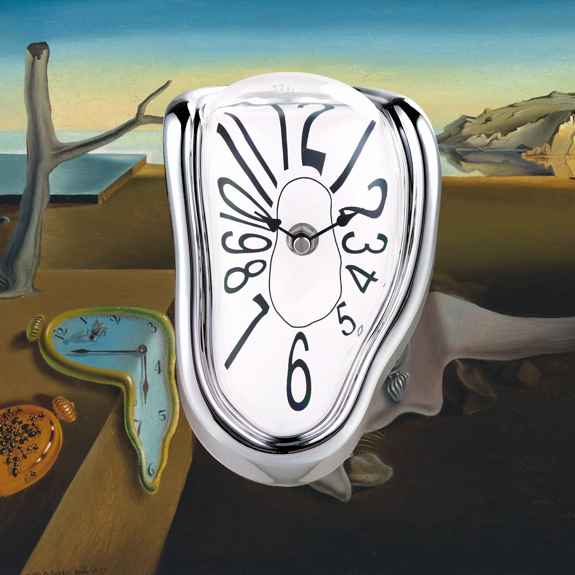 Lafocuse Orologio Fusione Salvador Dali, Stile Surrealismo Creativo Distorto, Orologio da Scrivania e da Scaffale Silenzioso Decorativo per Casa Mensola Ufficio (Argento)