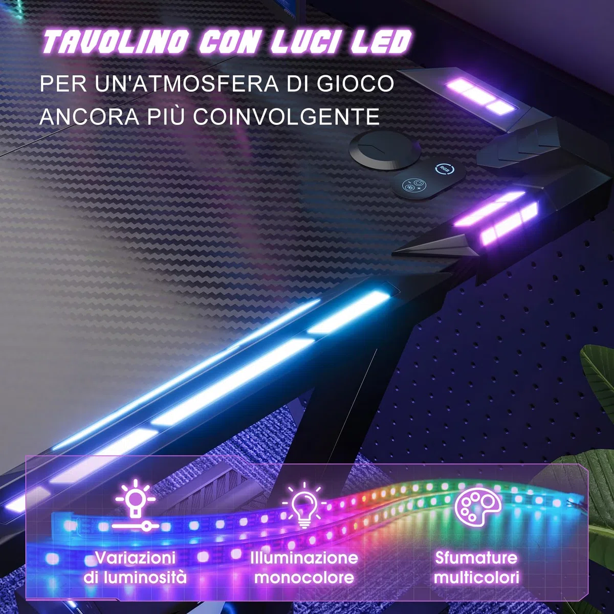 Devoko 120 x 60cm Scrivania Gaming LED, Tavolo Gaming Ergonomica, Scrivania per Computer con Porta Bicchiere e Ganci per Cuffie, Postazione con Piano del Tavolo in Fibra di Carbonio, Nero