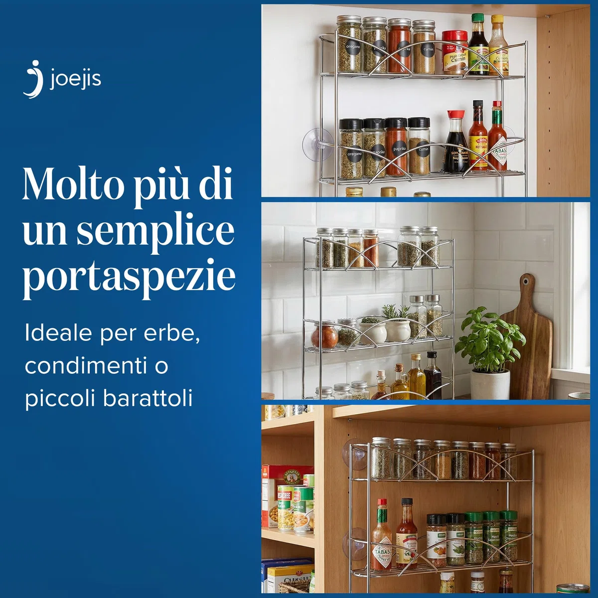 joeji's Kitchen Portaspezie a 3 Livelli - Portaspezie Da Appoggio Salvaspazio - Adattarsi a Vasetti Di Diverse Dimensioni - Adatto Per 18 Barattoli Di Spezie - Argento