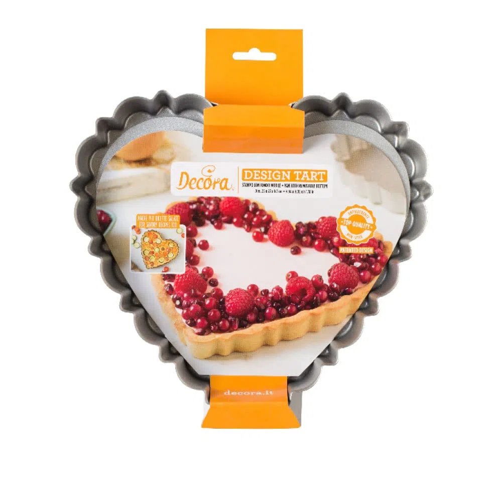 Decora 0075056 Stampo Crostata con Fondo Mobile da 25 X 23 X 3 H Cm, in Acciaio Antiaderente, Cuore, per sformare Dolci facilmente, Design Professionale Registrato, Brevettato