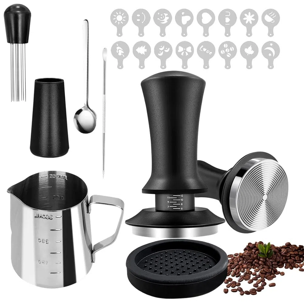 Set di 22 tamper caffè da 51 mm, set da 22 pezzi, set da barista con pressa per espresso, mescolatore per caffè, cucchiaio, brocca per schiuma, tappetino per espresso, penna e stencil